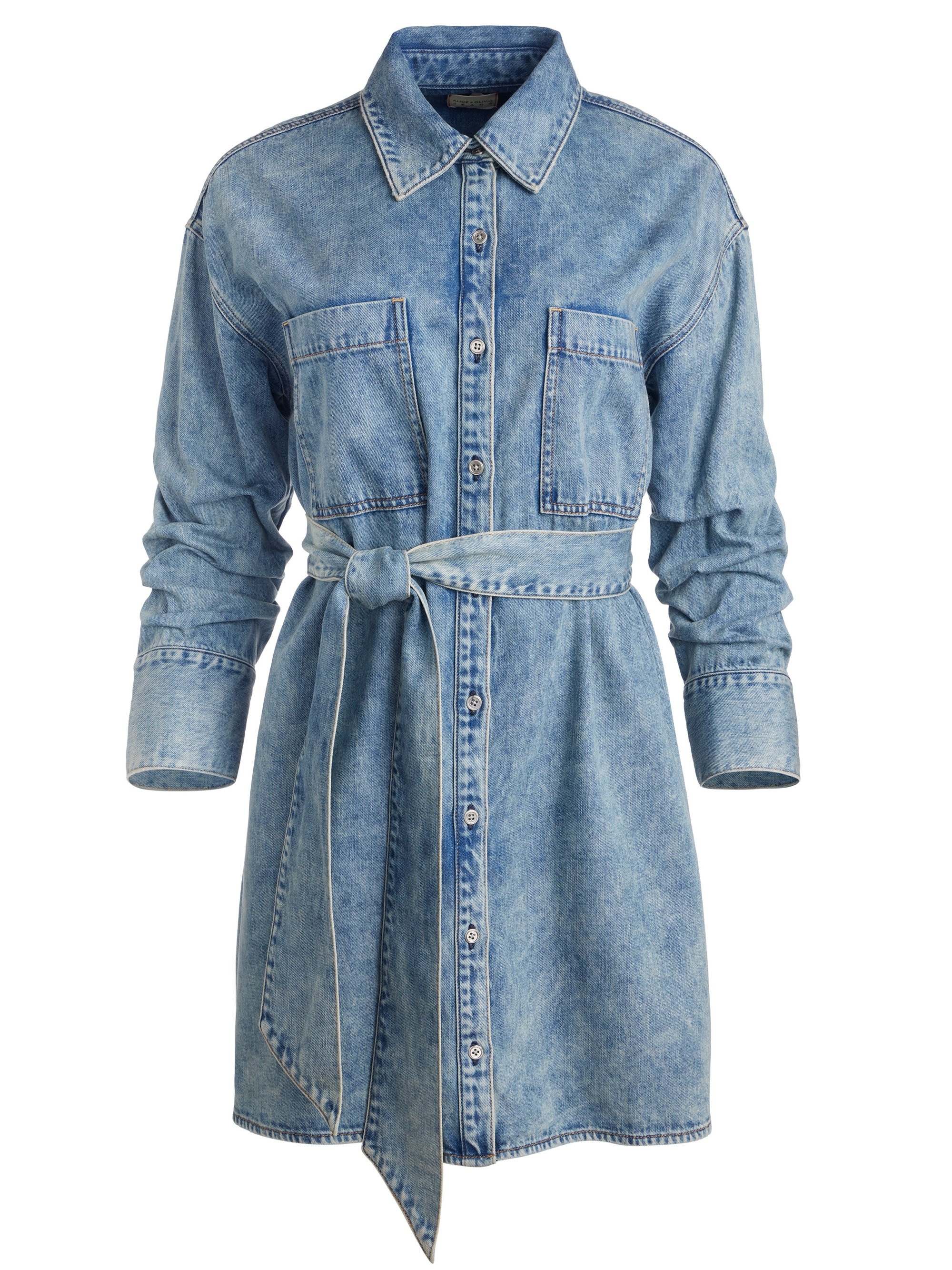 BRIGITA LONG SLEEVE DENIM MINI DRESS WITH TIE BELT - 1