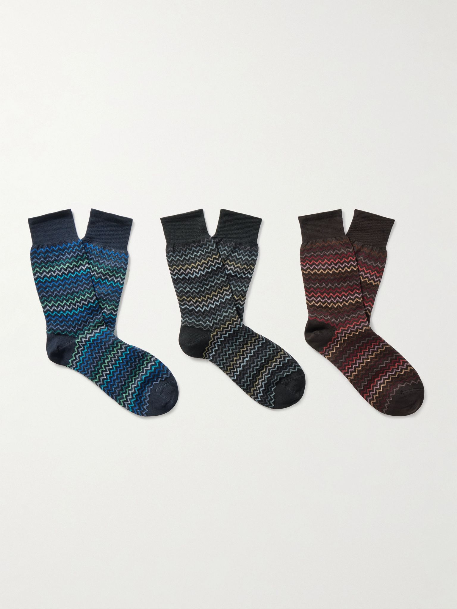 Three-Pack Striped Crochet-Knit Cotton Socks Blue - 1
