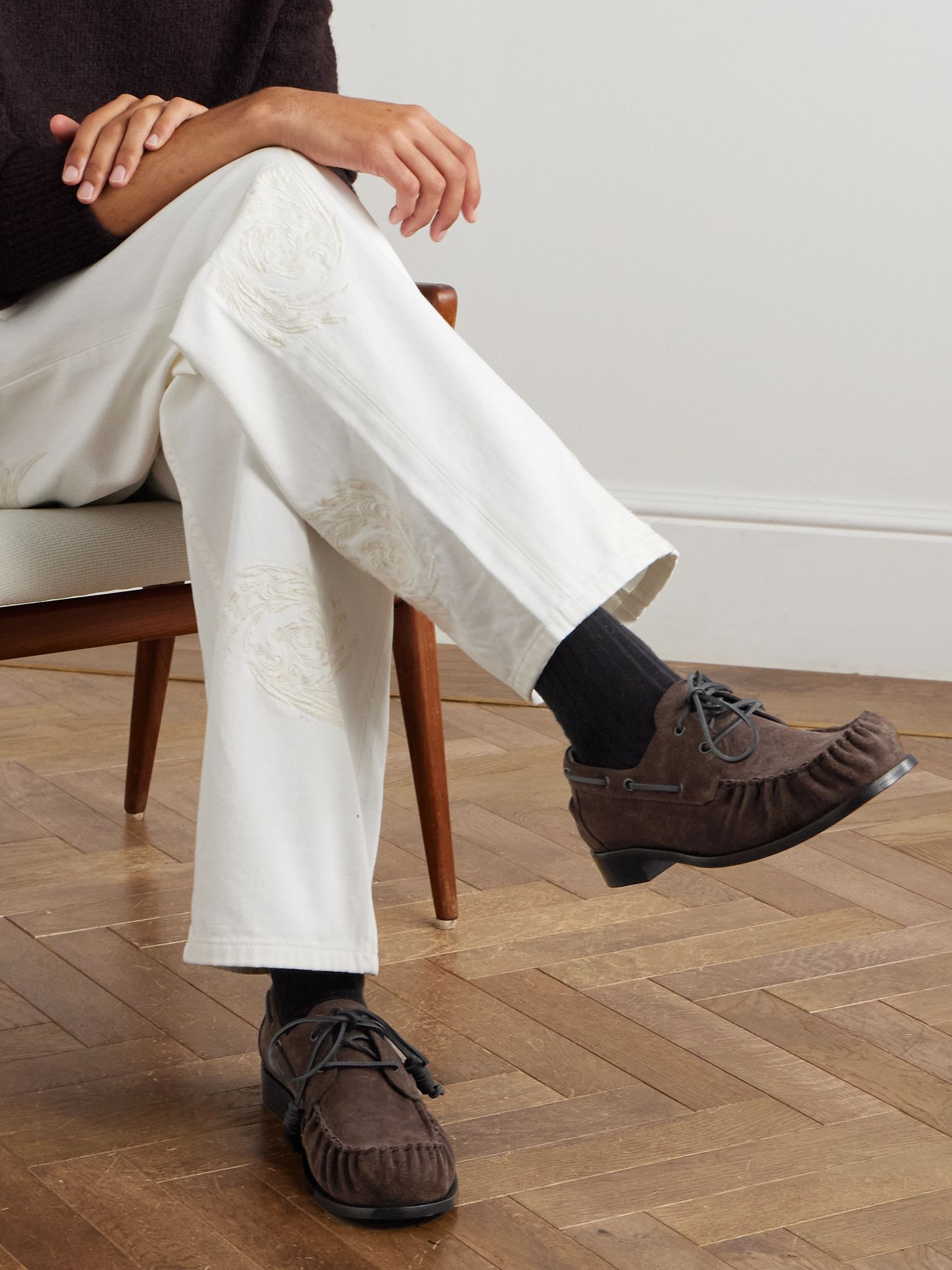 Leather-Trimmed Suede Boat Shoes Dark brown - 2