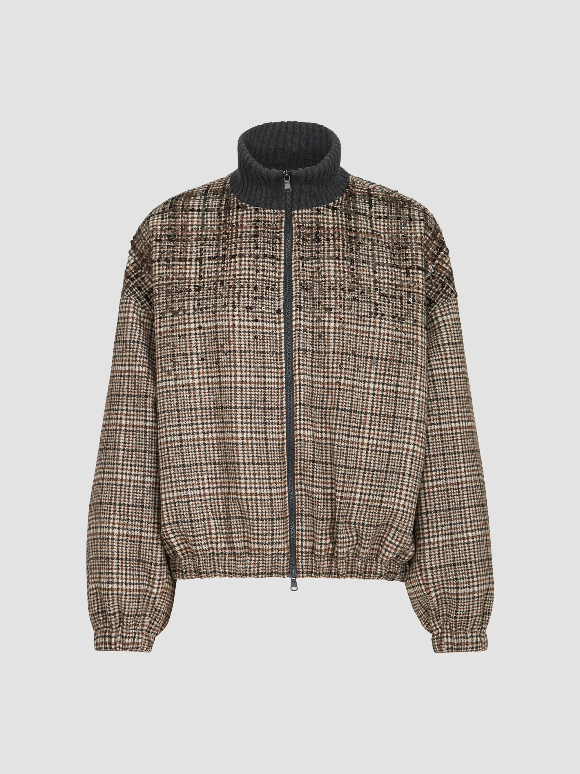 Women's Checked Alpaca and Wool Bomber Jacket - Brown - 1