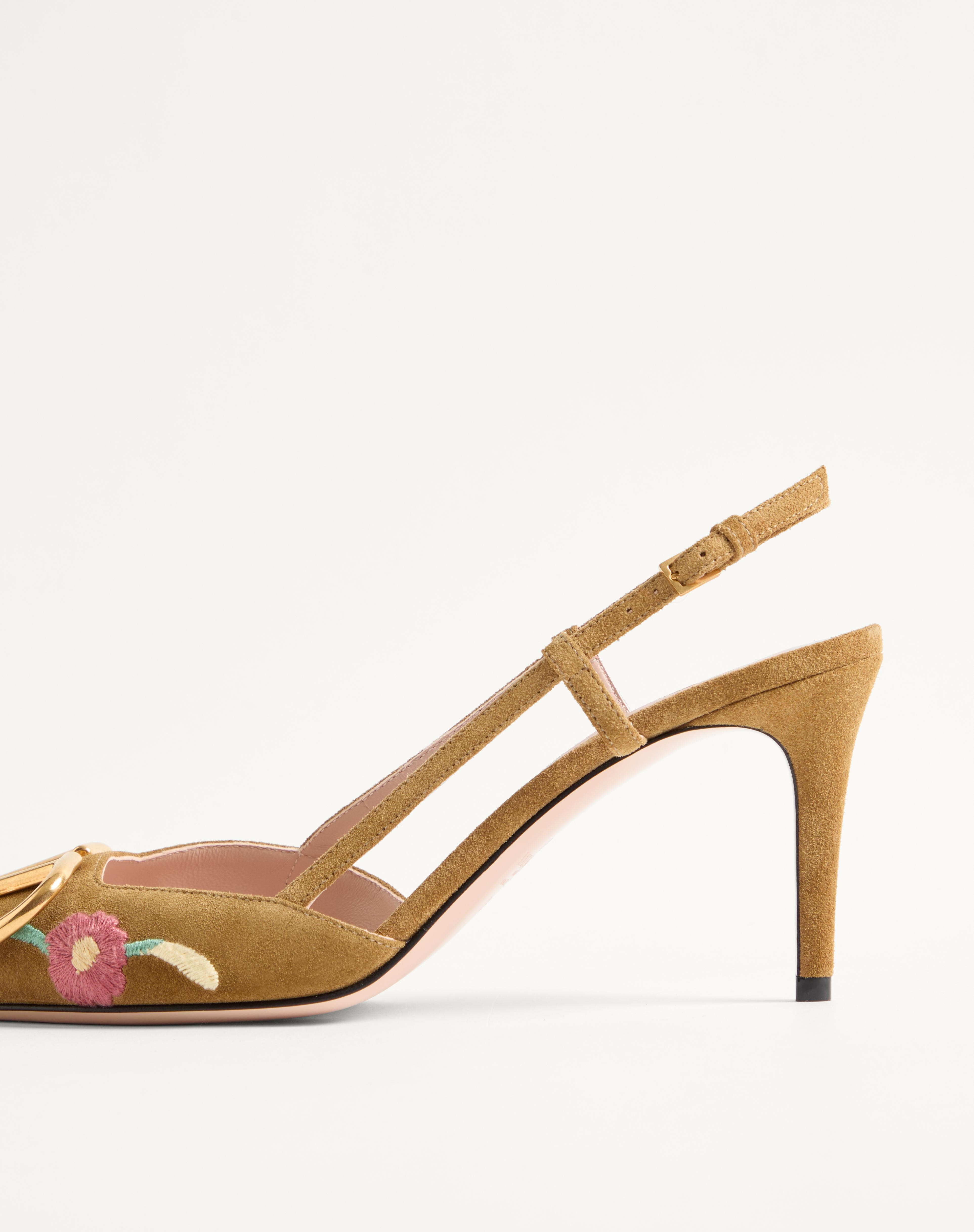 VLOGO SIGNATURE SLINGBACK PUMP IN CRUST LEATHER WITH FLORAL EMBROIDERY 80MM - 7