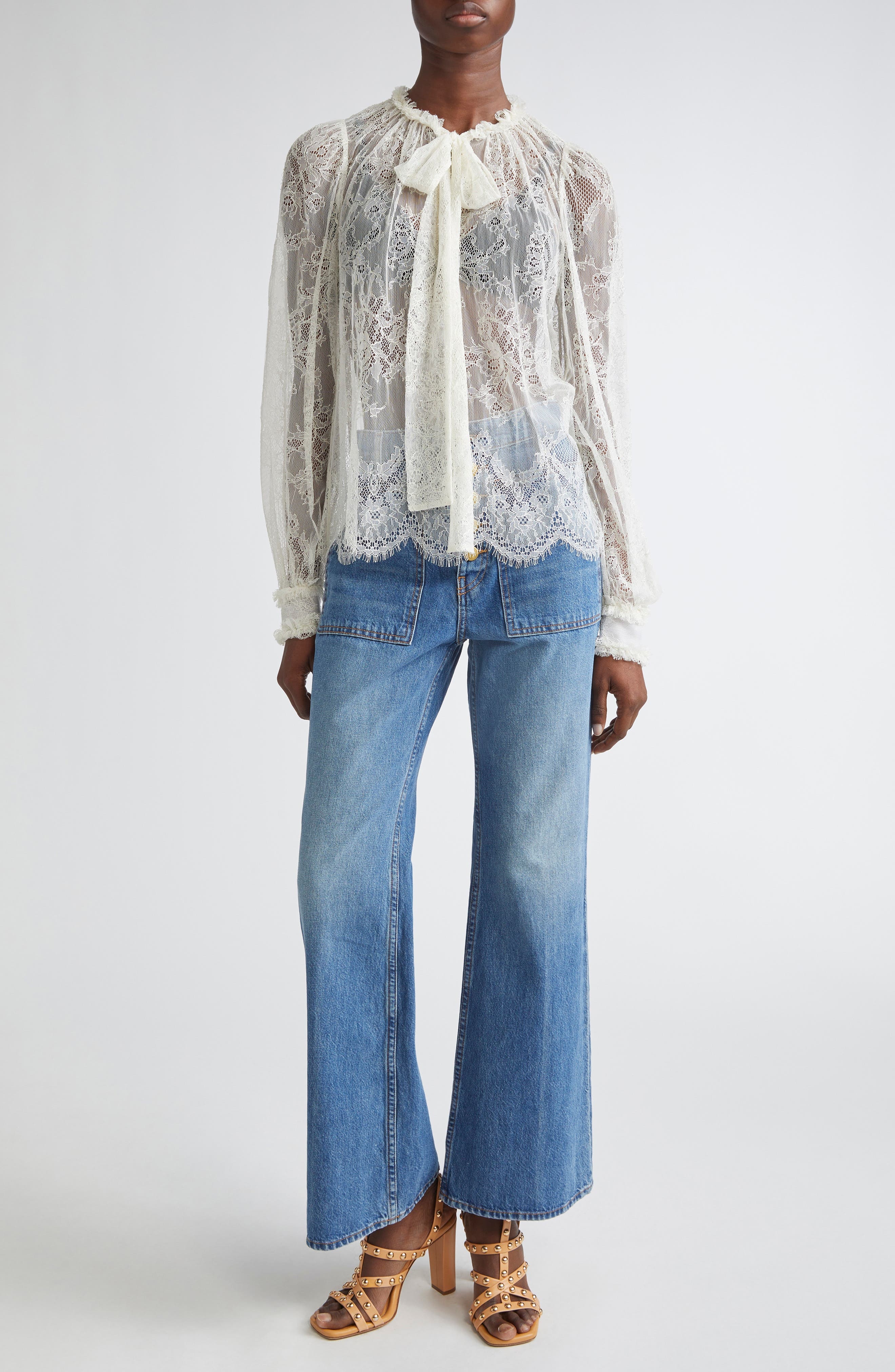 Ulla Johnson Iliana Pussybow Tie Sheer Cotton Lace Top in Pearl at Nordstrom - 2