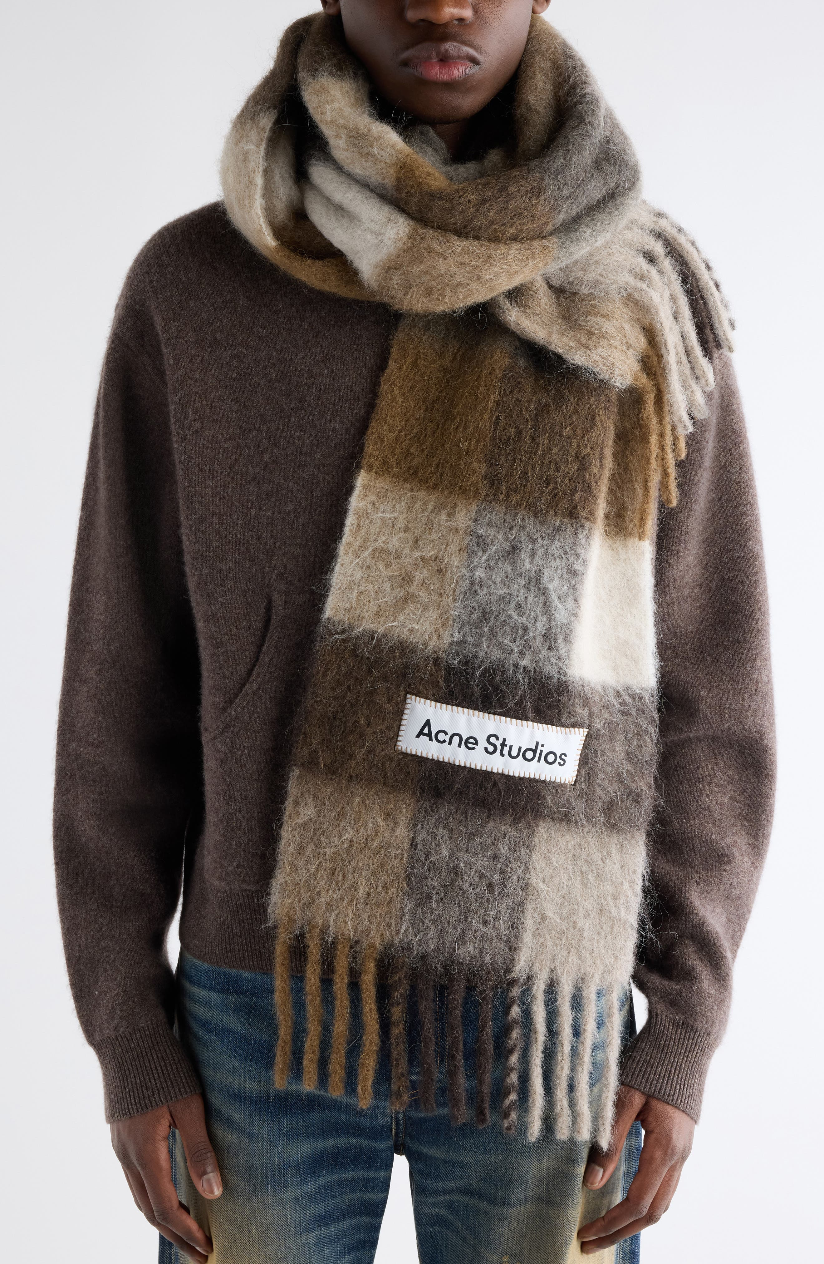 Acne Studios Vally Plaid Alpaca, Wool & Mohair Blend Scarf in Dark Brown/White/Brown at Nordstrom - 2
