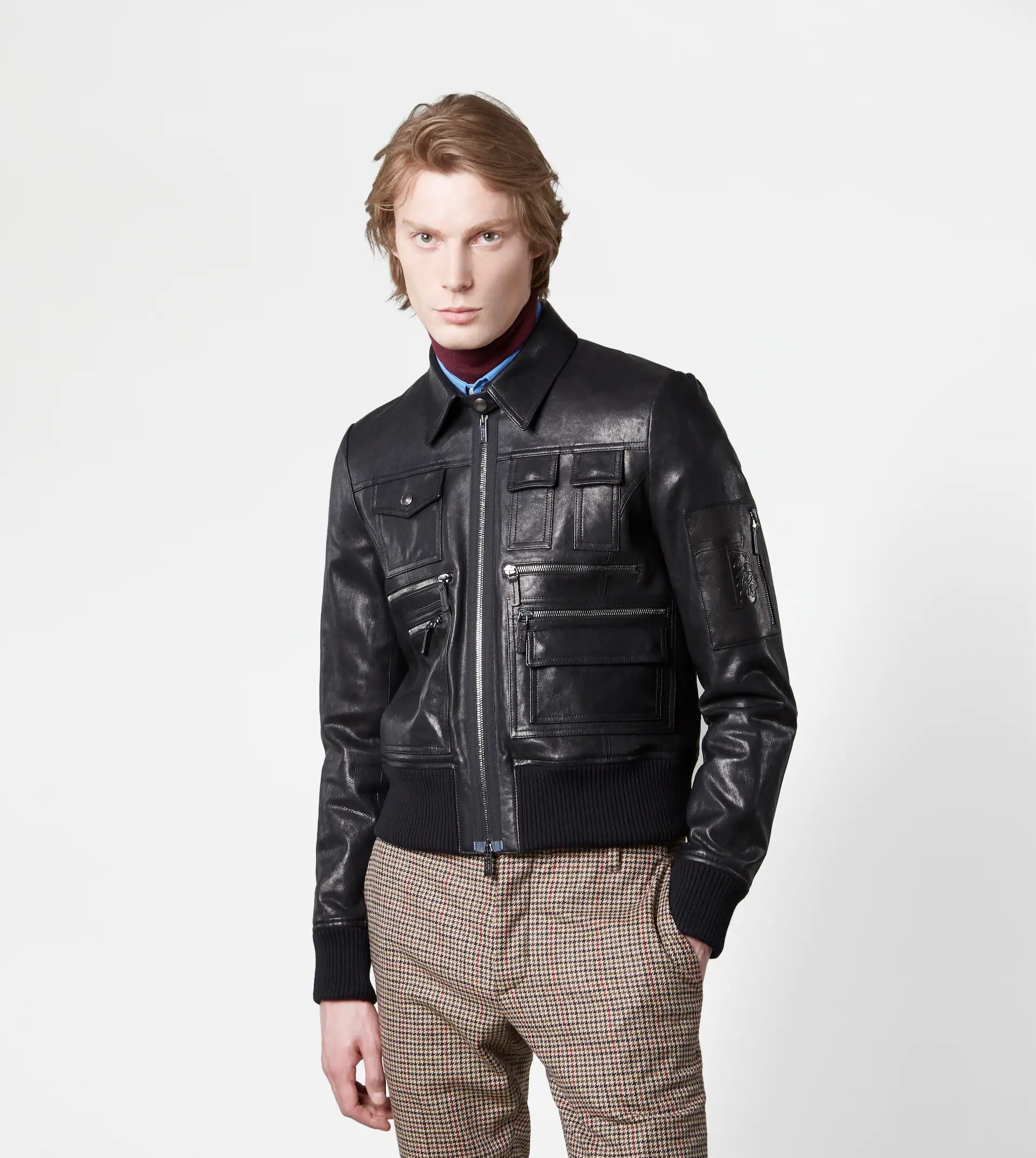 MULTI-POCKET LEATHER BOMBER JACKET - BLACK - 7