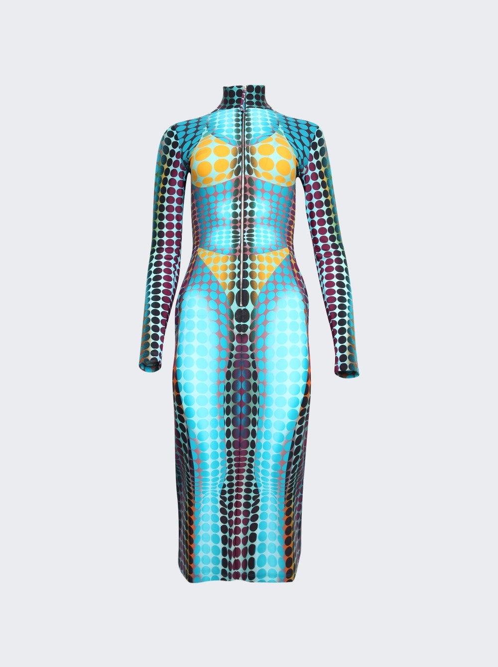 Cyber High Neck Long Dress With Long Sleeves And Center Front Zip Blue, Purple And Yellow - 1