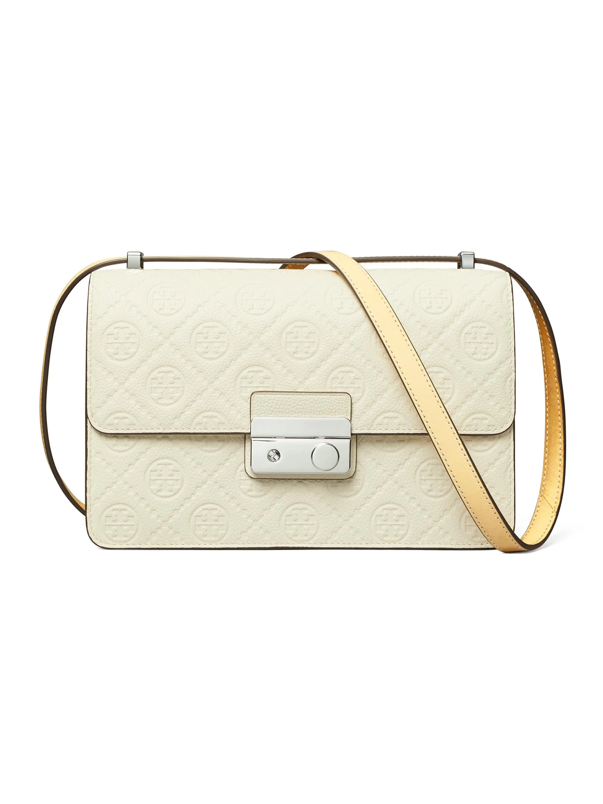Women's T Monogram Pebbled Leather Shoulder Bag - Warm White - 1