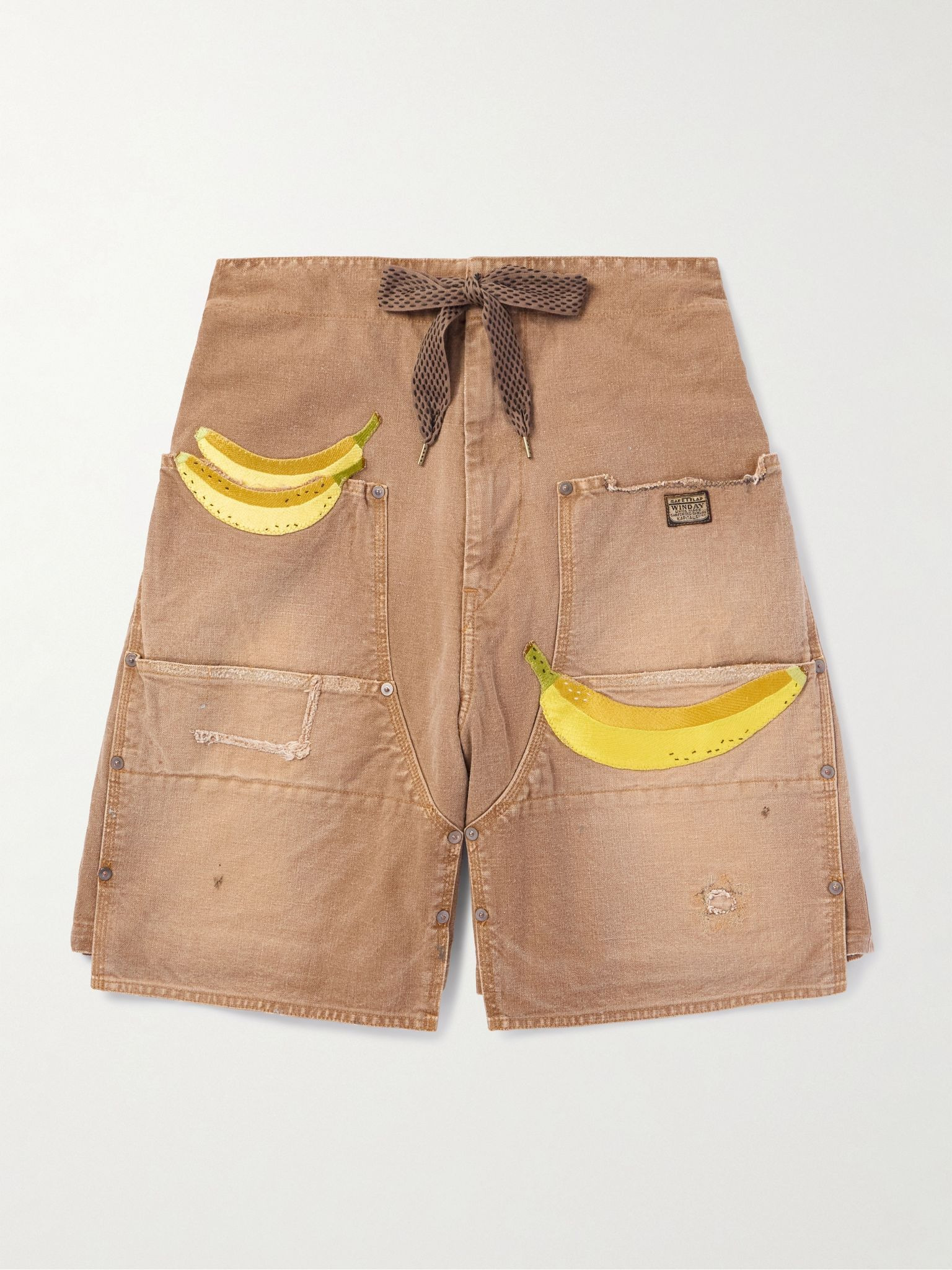 Wide-Leg Appliquéd Distressed Panelled Denim Shorts Camel - 1