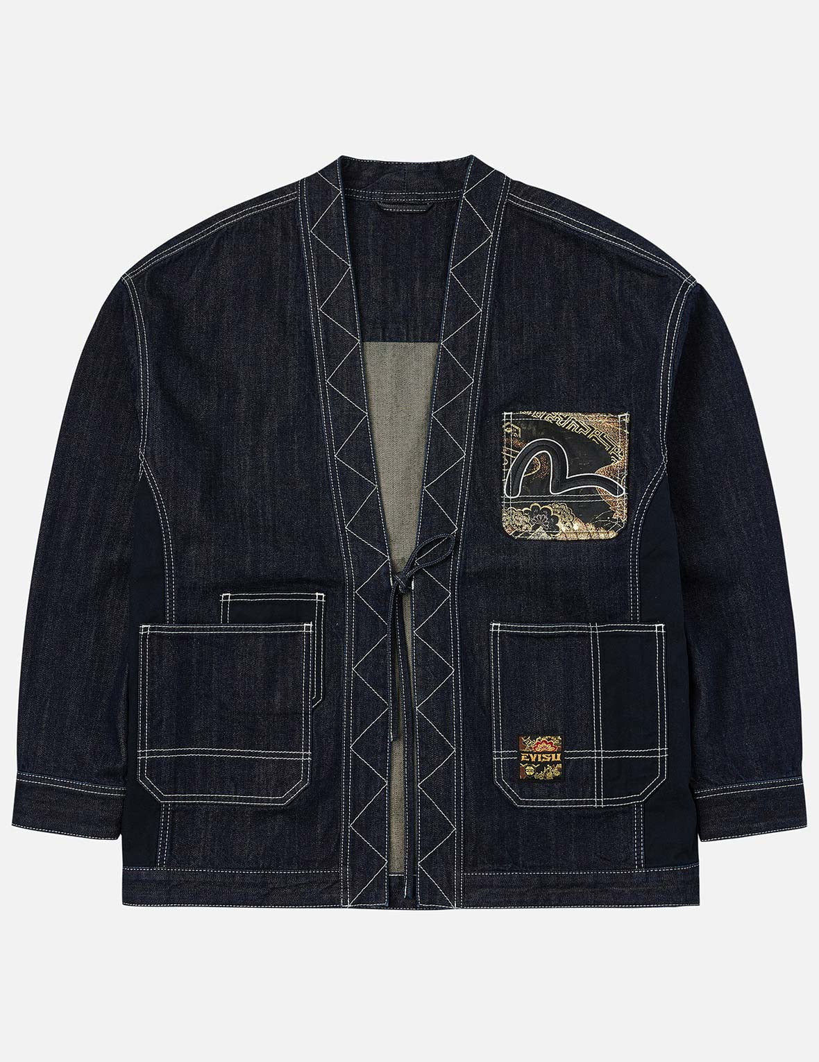 Multi-Pocket with Brocade Patch Relax Fit Denim Kimono - 3