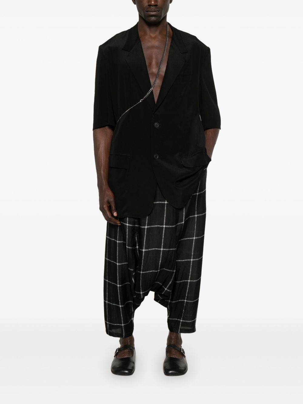check-pattern drop-crotch trousers - 2