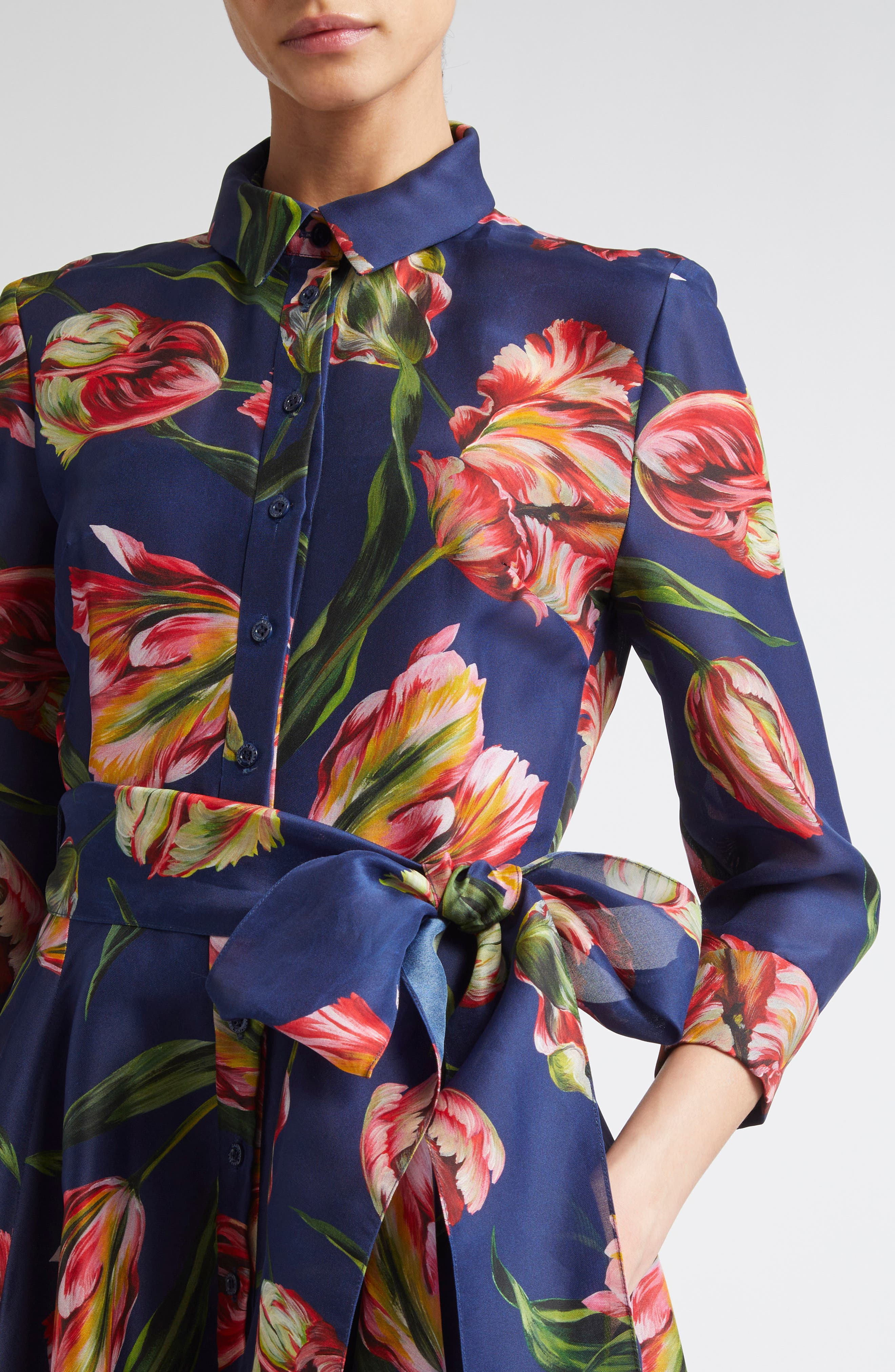 Carolina Herrera Tulip Print Silk Gazar Trench Gown in Dark Navy Multi at Nordstrom - 4