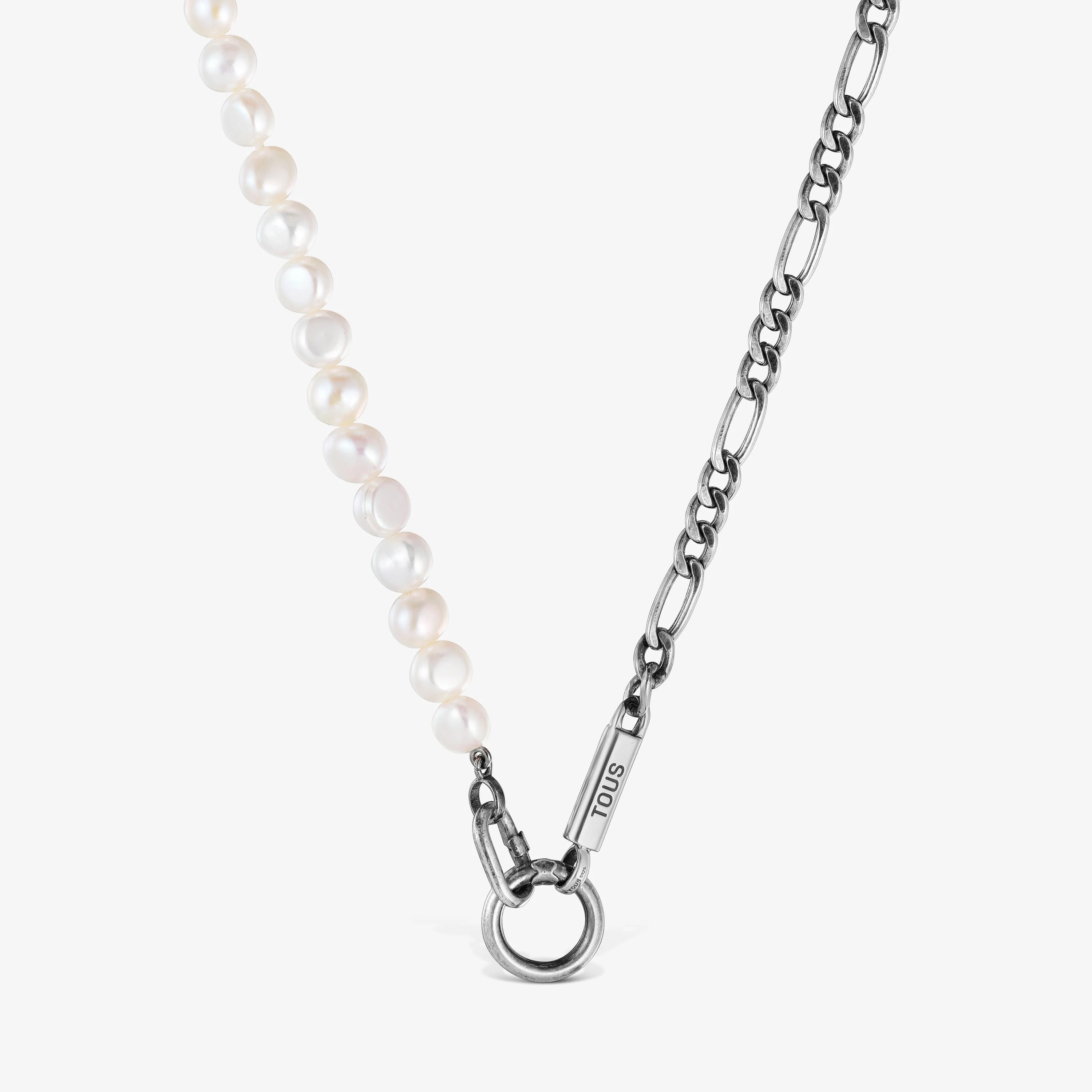 Silver curb chain Necklace with cultured pearls Hold Man - 1
