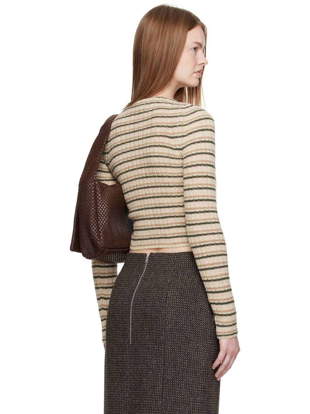 Beige Shetland Wool Cashmere Rib Knit Boat-Neck Sweater - 3