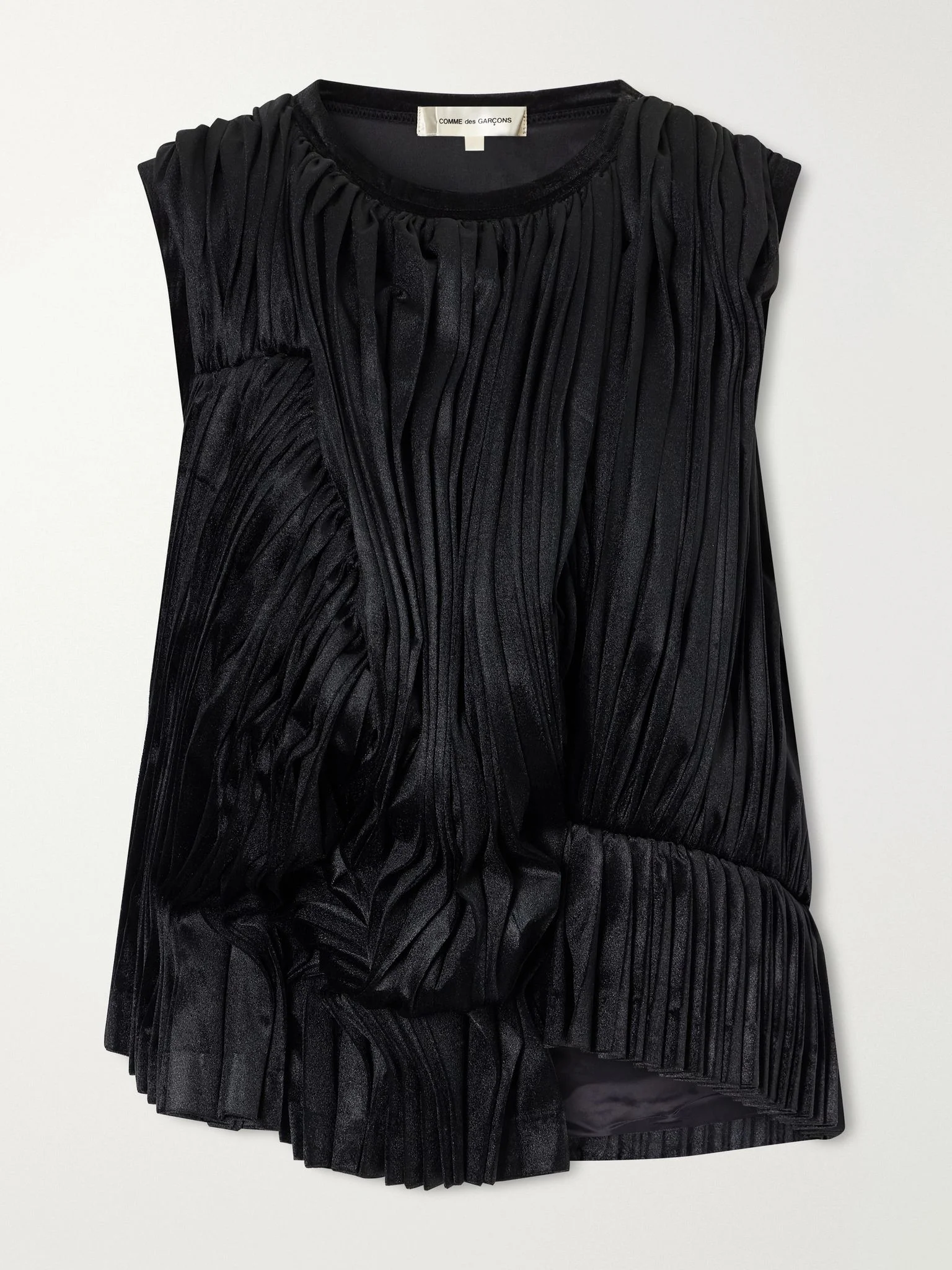 Asymmetric pleated draped jersey-velour top Black - 1