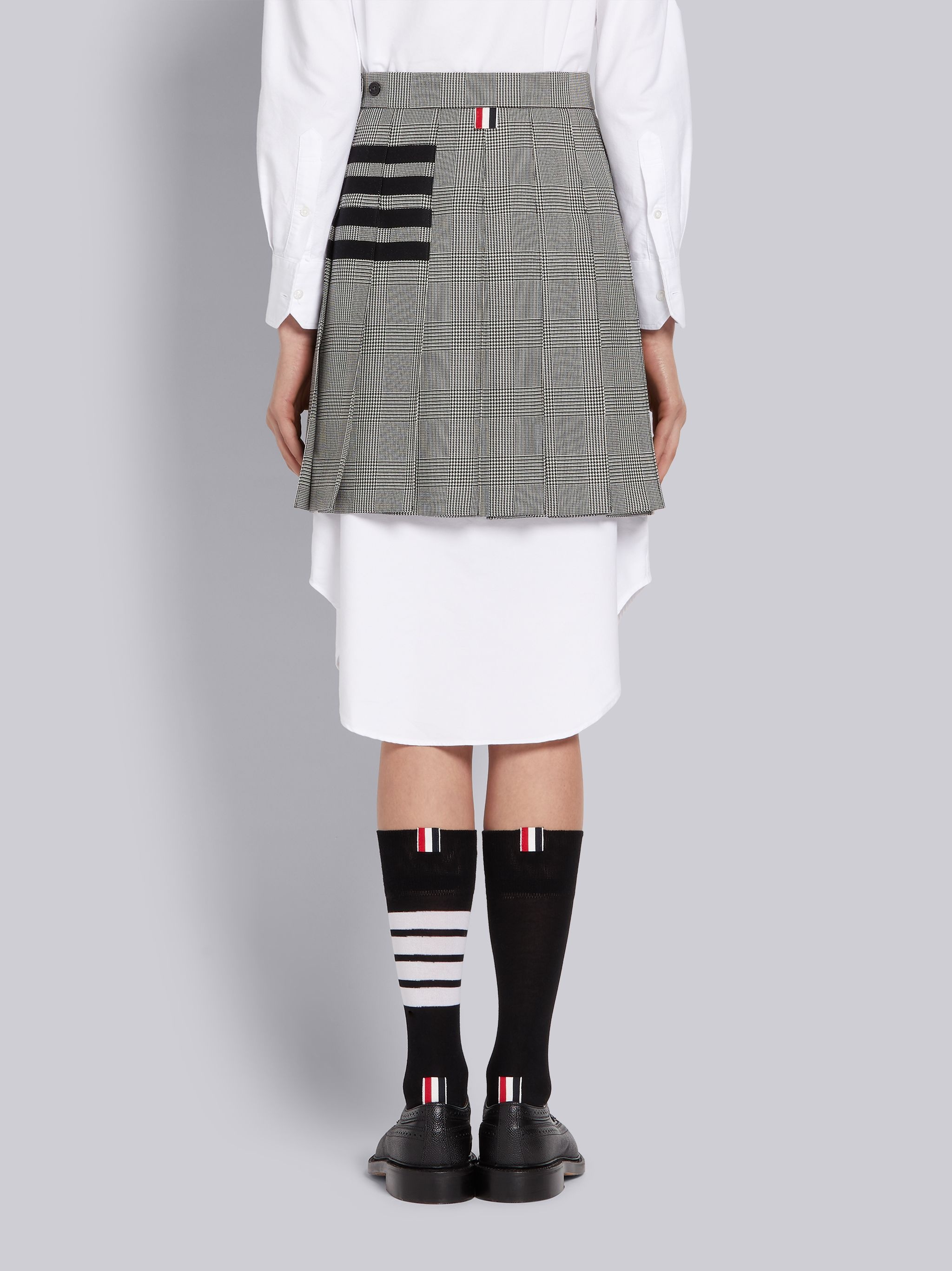 Black and White Heavy Wool Engineered 4-bar Dropped Back Pleated Mini Skirt - 3