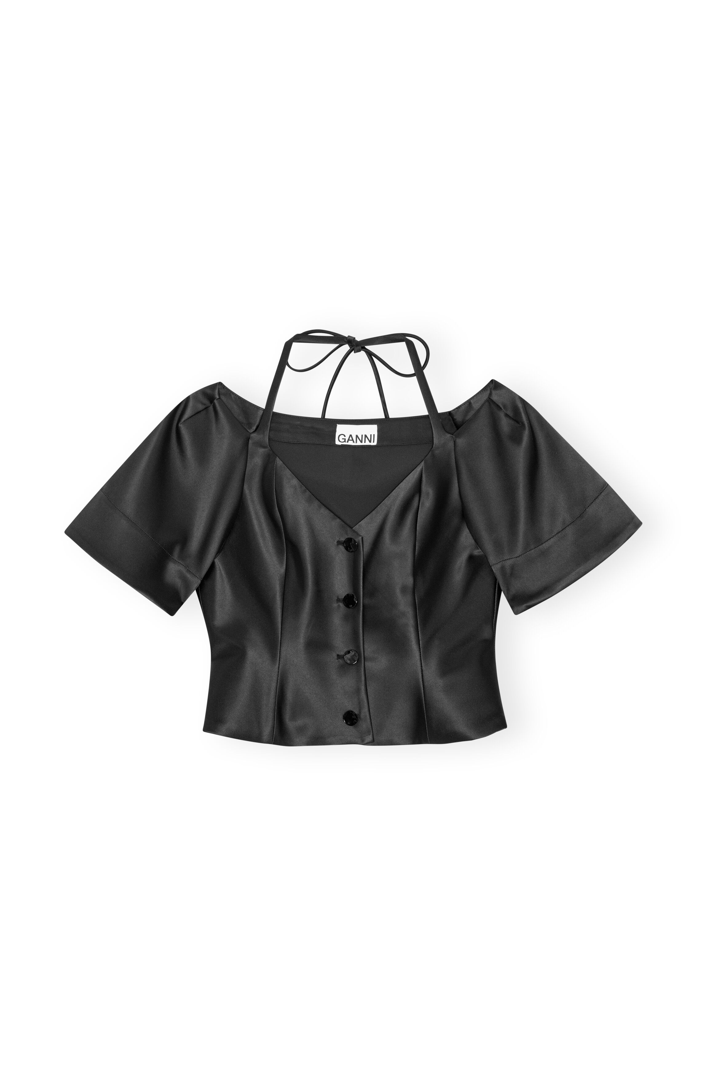 BLACK DOUBLE SATIN FITTED OPEN-NECK BLOUSE - 6