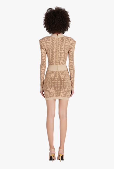 Short brown and gold knit dress with Balmain monogram - 3