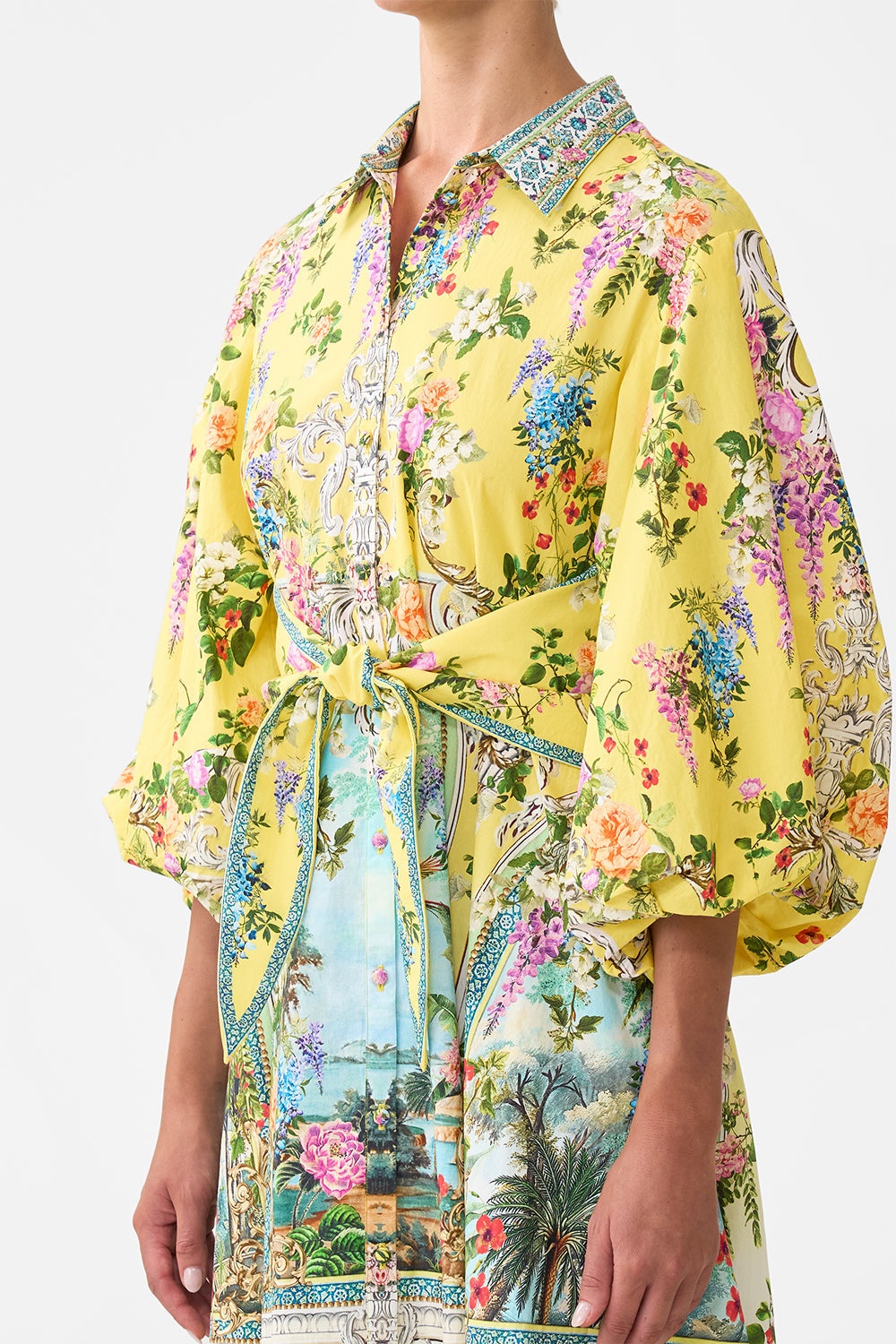 WAIST TIE SHIRT DRESS WITH BUBBLE SLEEVE - 5