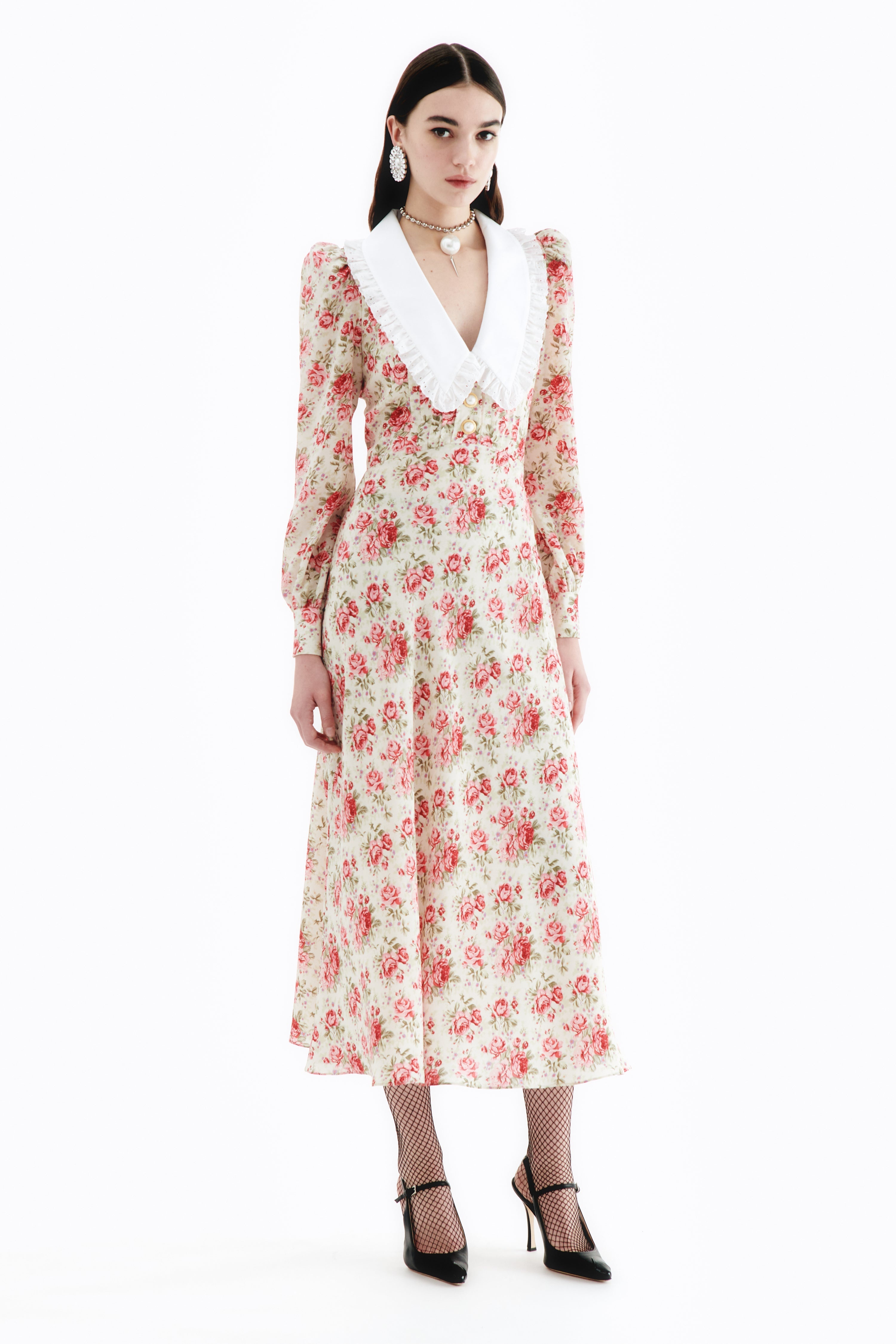 ROSE PRINT SILK DRESS WITH COLLAR - 3
