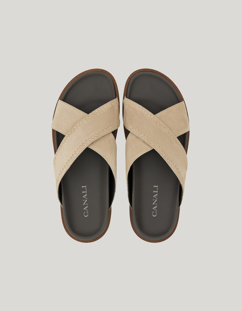 BEIGE SUEDE CRISS-CROSS SANDALS WITH DECORATIVE PERFORATED STITCHING 4