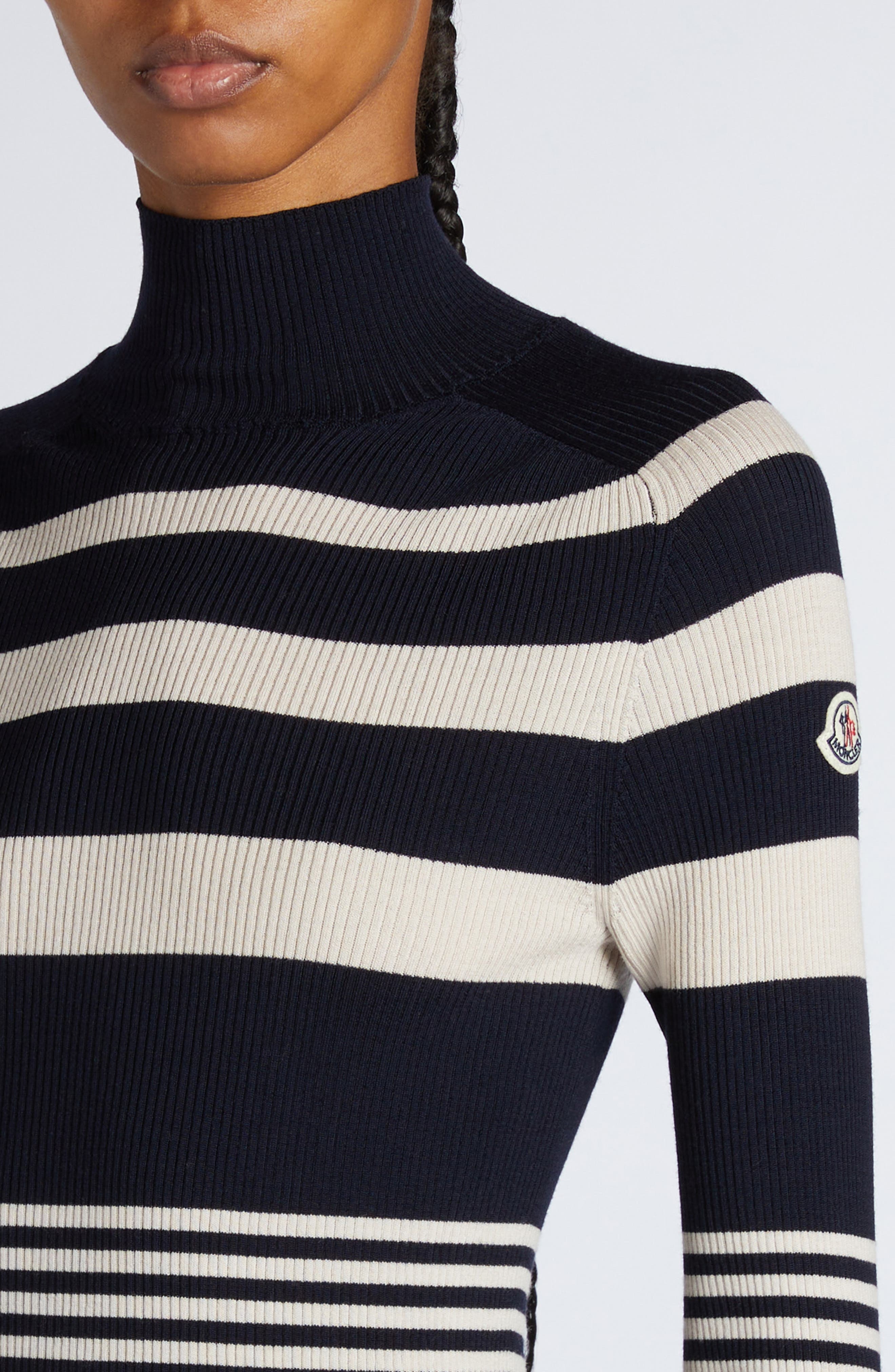 Moncler Stripe Virgin Wool Rib Mock Neck Sweater in White/Blue at Nordstrom - 4
