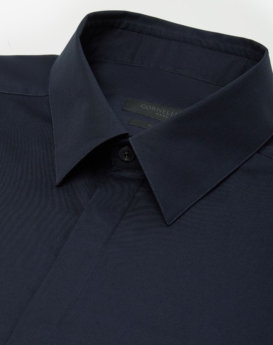 Navy blue cotton poplin evening shirt - 3