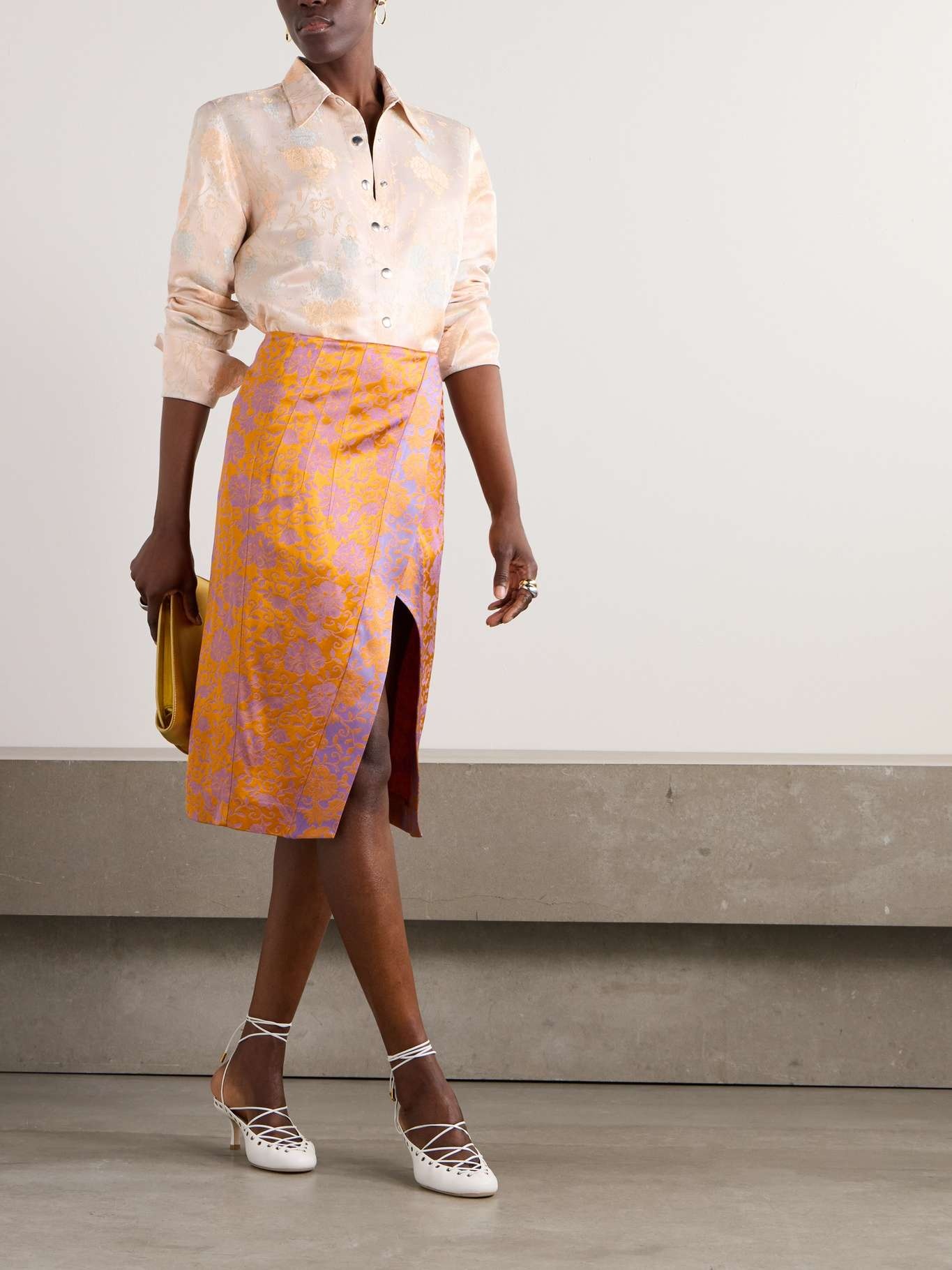 Wrap-effect satin-jacquard midi skirt Orange - 2