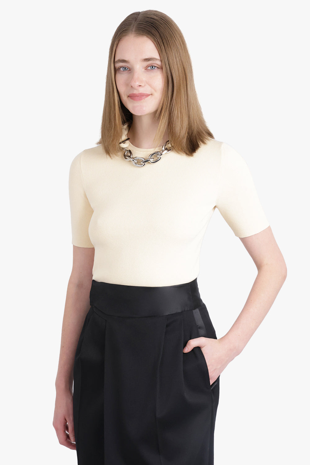 CHAIN DETAIL CREW NECK TOP | CREAM/SILVER - 7