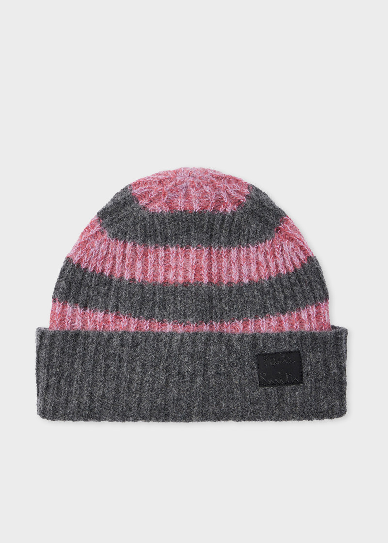 Women's Pink and Grey Lambswool-Blend Block Stripe Beanie and Scarf Set 5