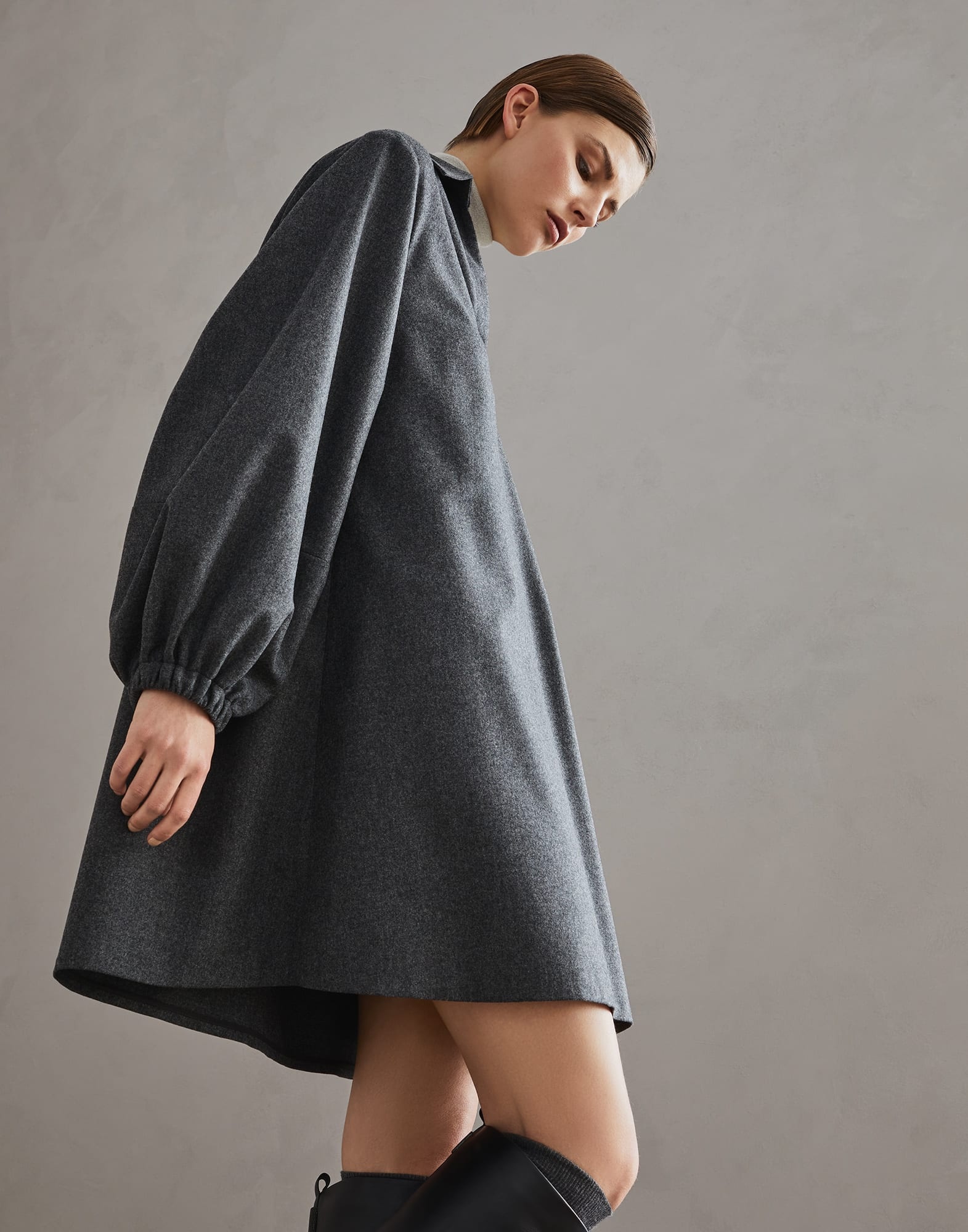 Virgin wool and cashmere flannel shirt dress with monili - 4