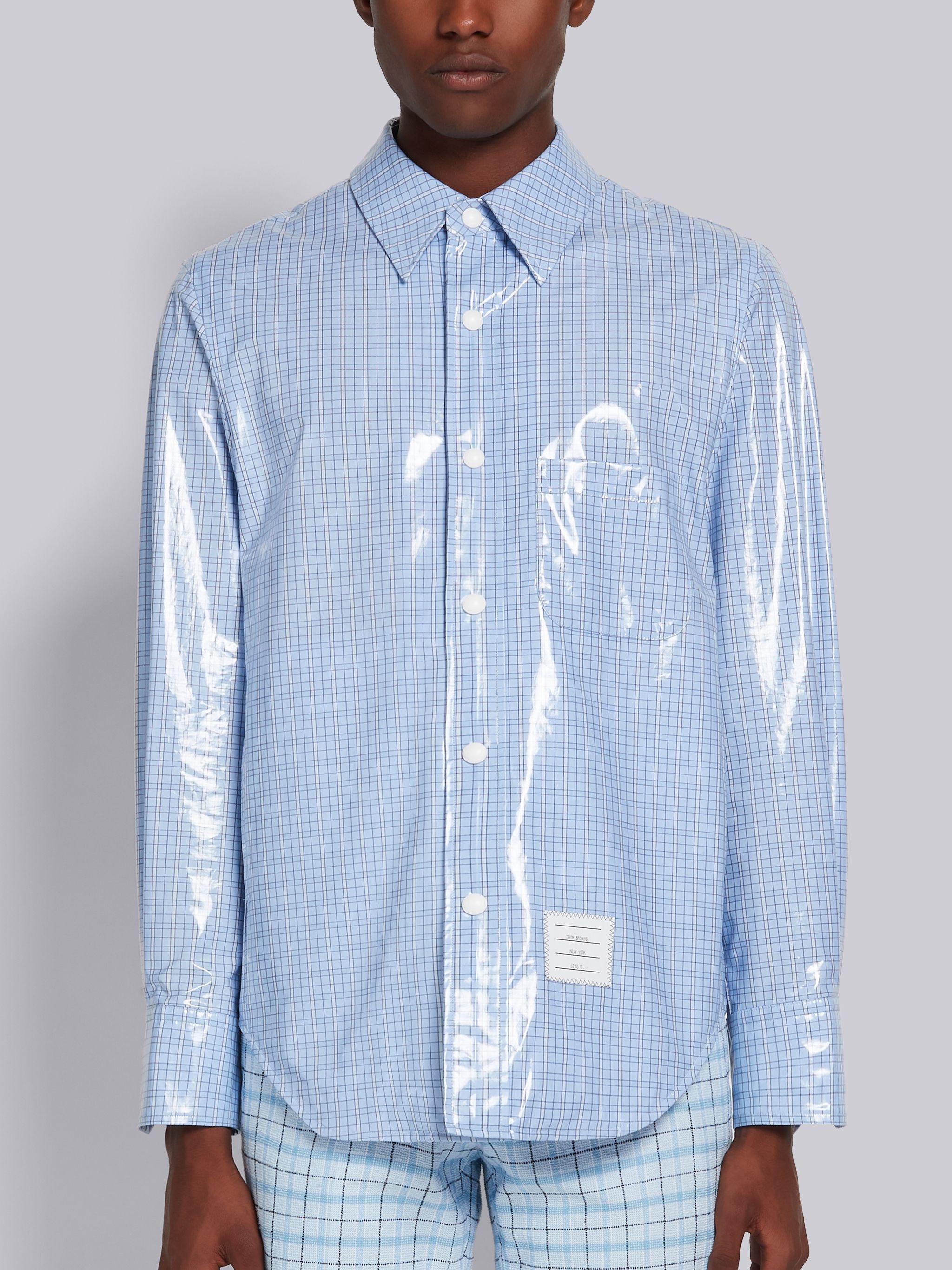 Light Blue Laminated Cotton Poplin Small Hairline Check Snap Front Shirt Jacket - 1