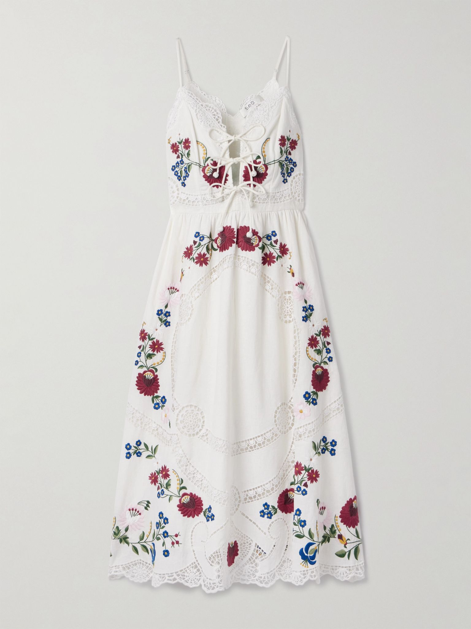 Celia broderie anglaise cotton and linen-blend midi dress Cream - 1