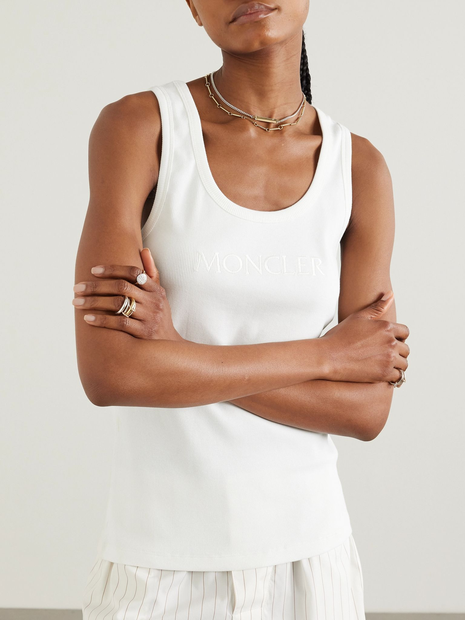 Embroidered ribbed stretch-cotton tank White - 3