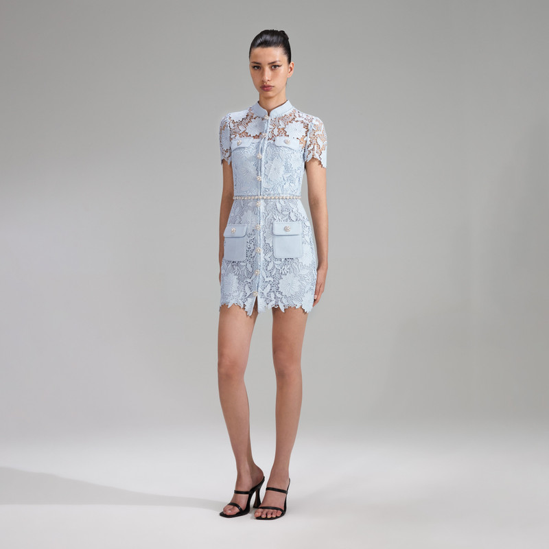 self-portrait Blue Guipure Lace Short Sleeve Mini Dress - RS23-904S-BL |  REVERSIBLE