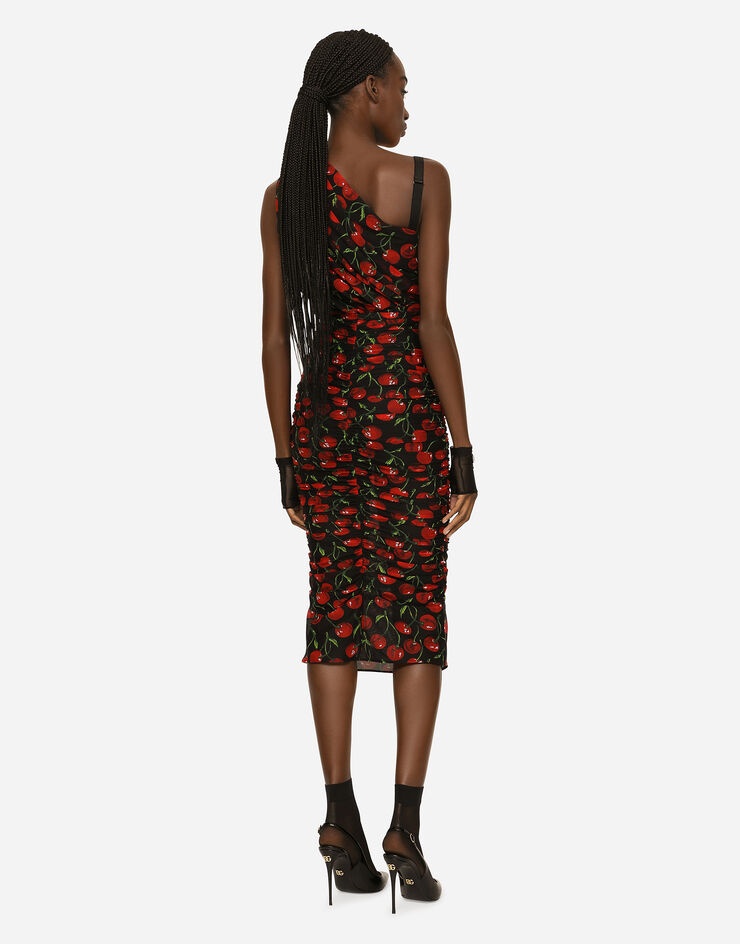 One-shoulder tulle midi dress with cherry print and draping - 3