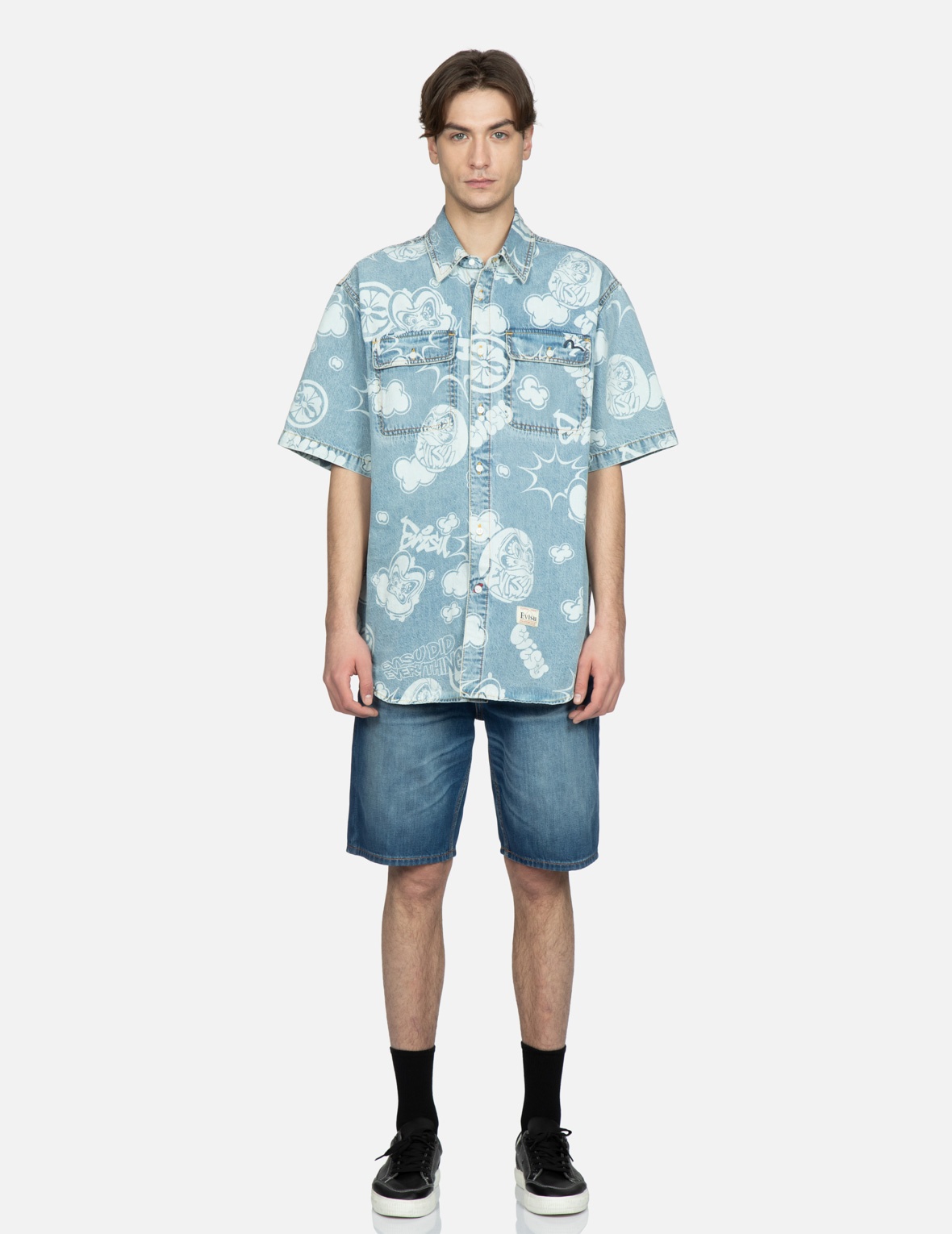 【ARさま】ご購入品◆cotti・evisu EVISU GRAFFITI DARUMA DAICOCK PRINT DENIM SHORTS | REVERSIBLE