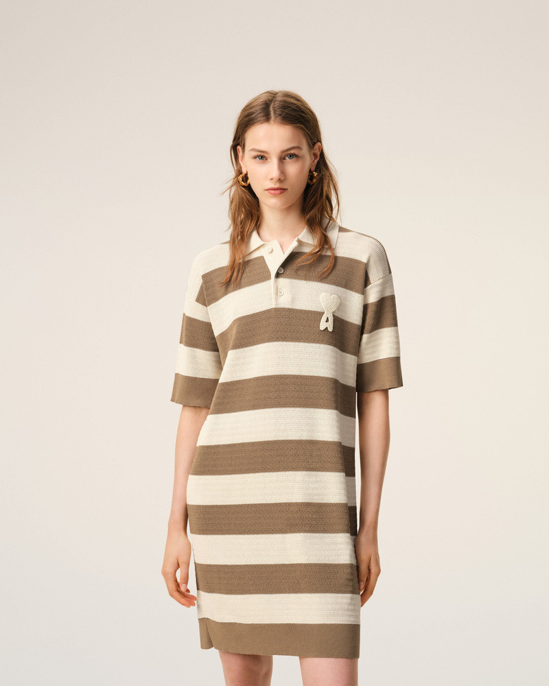 WHITE AND BROWN COTTON POLO DRESS AMI DE COEUR PATCH 3