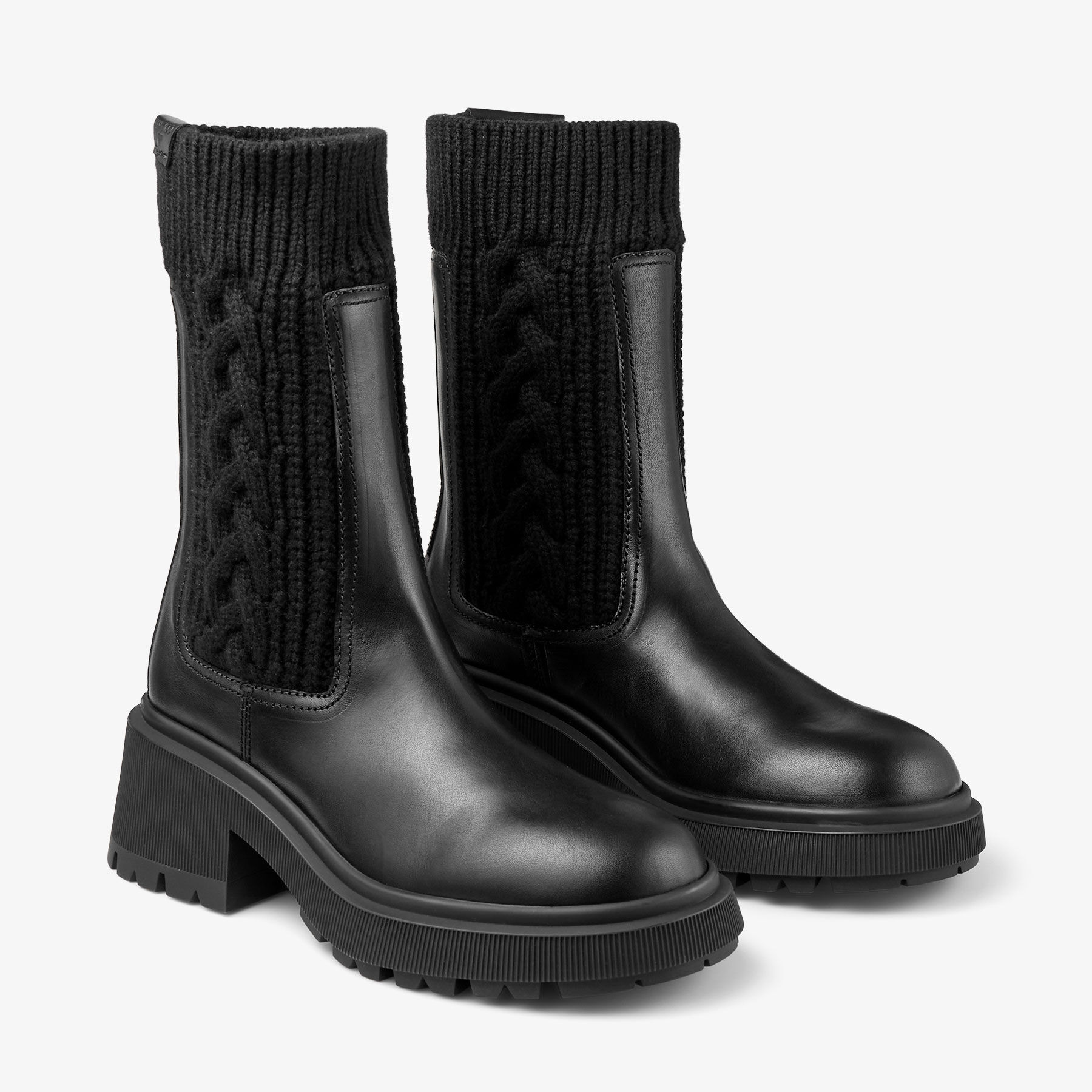 Tamia Flat
Black Shiny Calf Leather Ankle Boots with Cable Knit - 2
