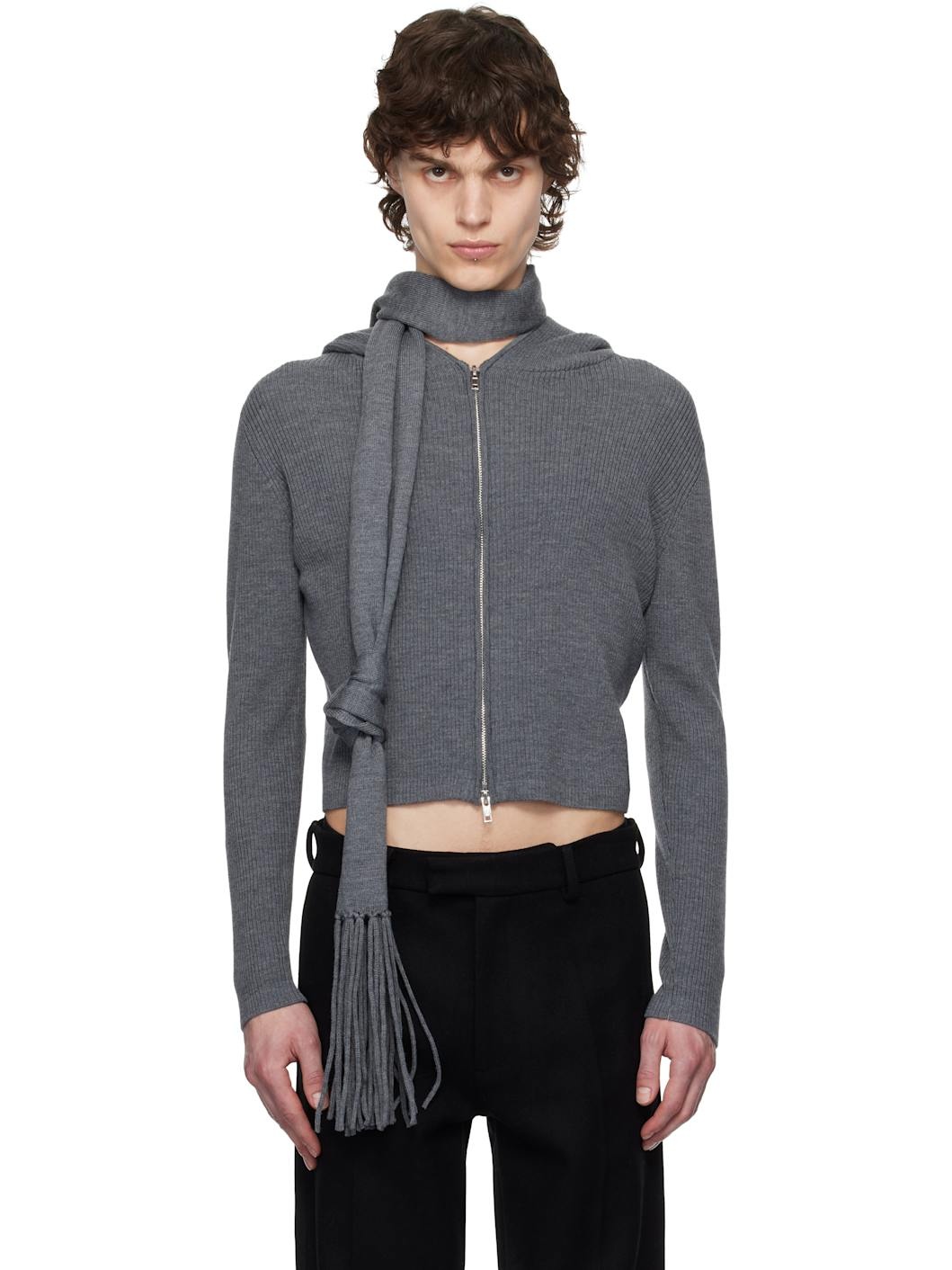 Gray Knitted Scarf & Hoodie Set - 1