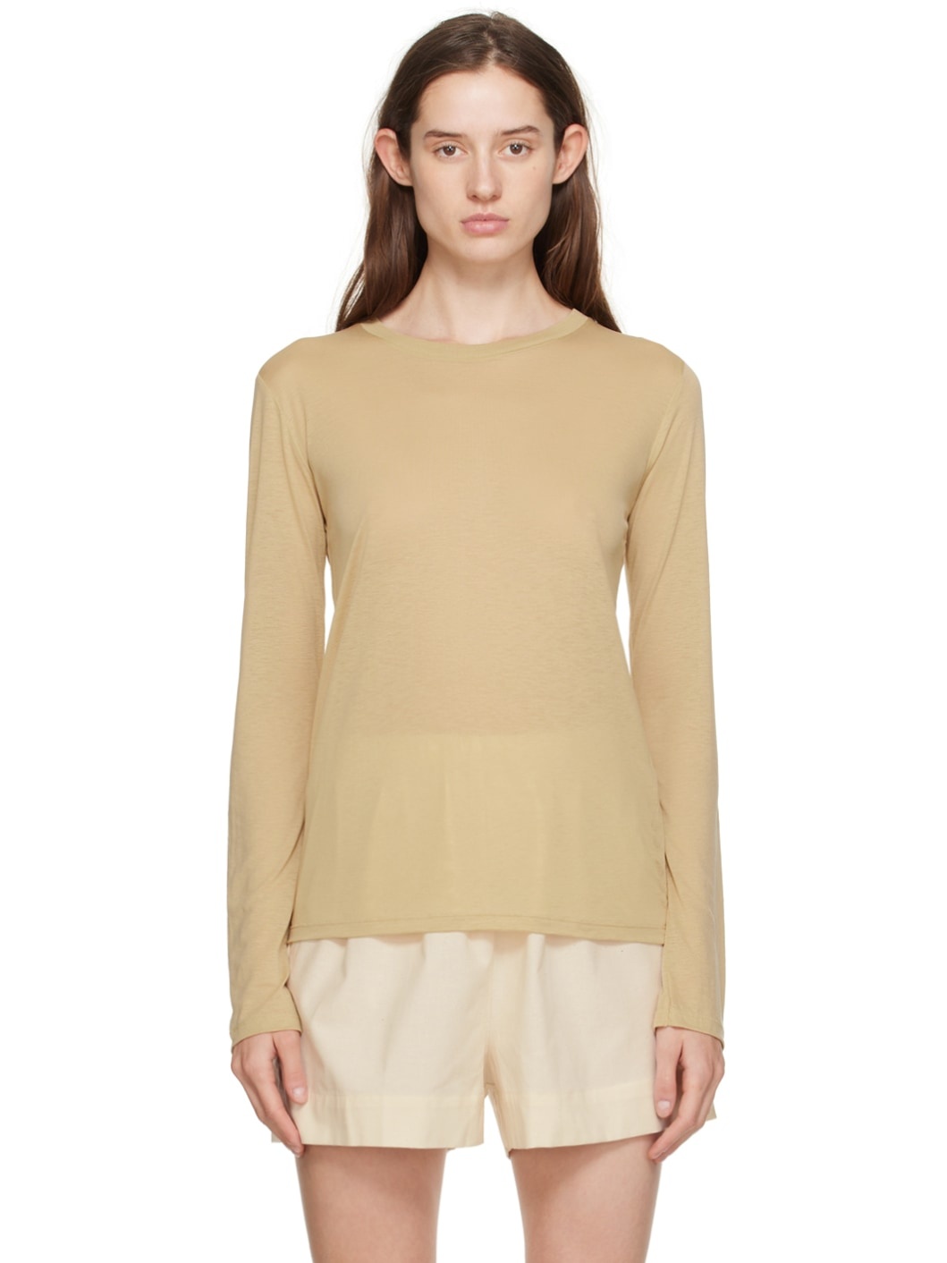 Beige Crewneck Long Sleeve T-Shirt - 1