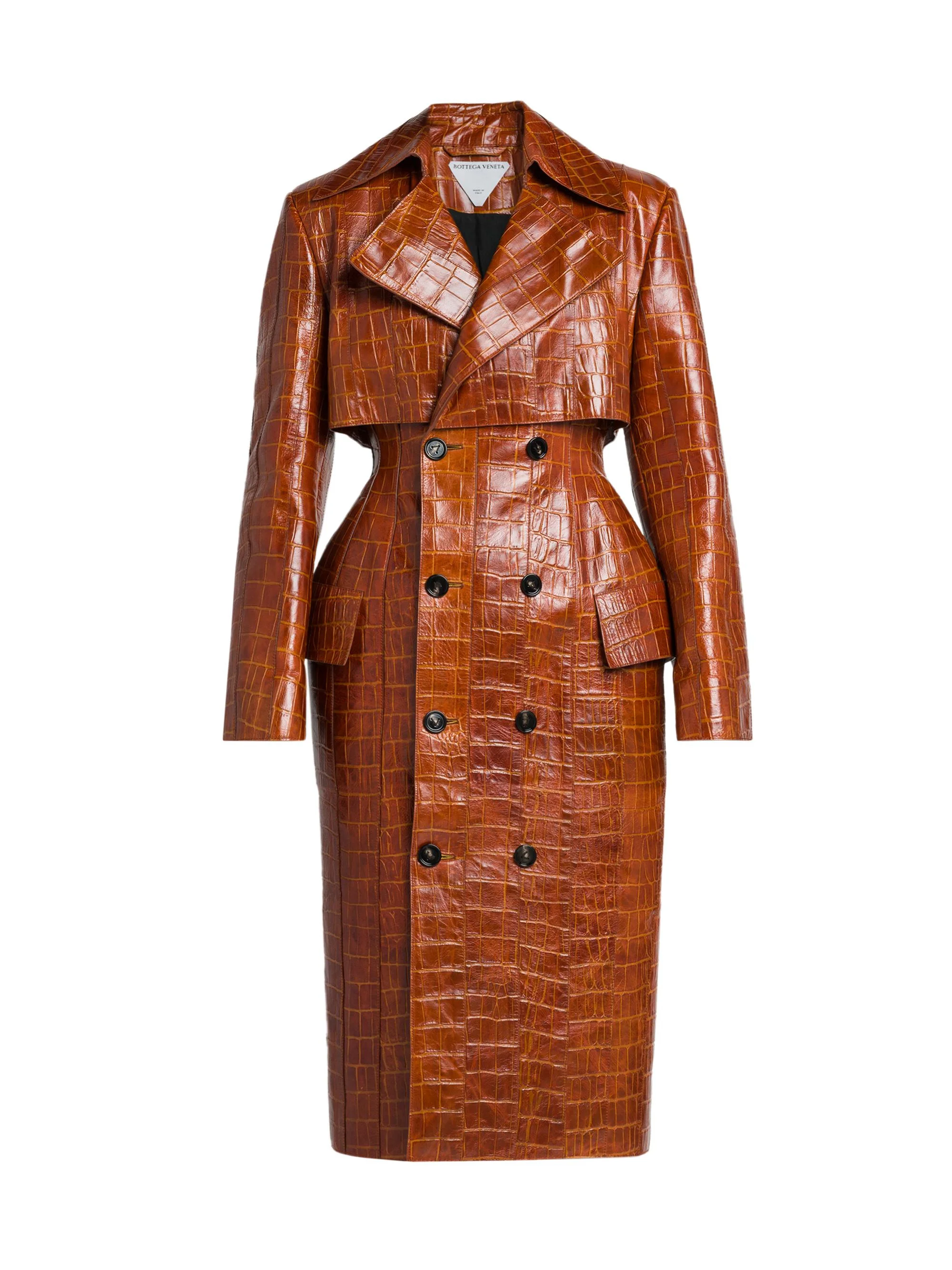 Women's Double-Breasted Croc-Embossed Leather Coat - Burnt Orange - 1