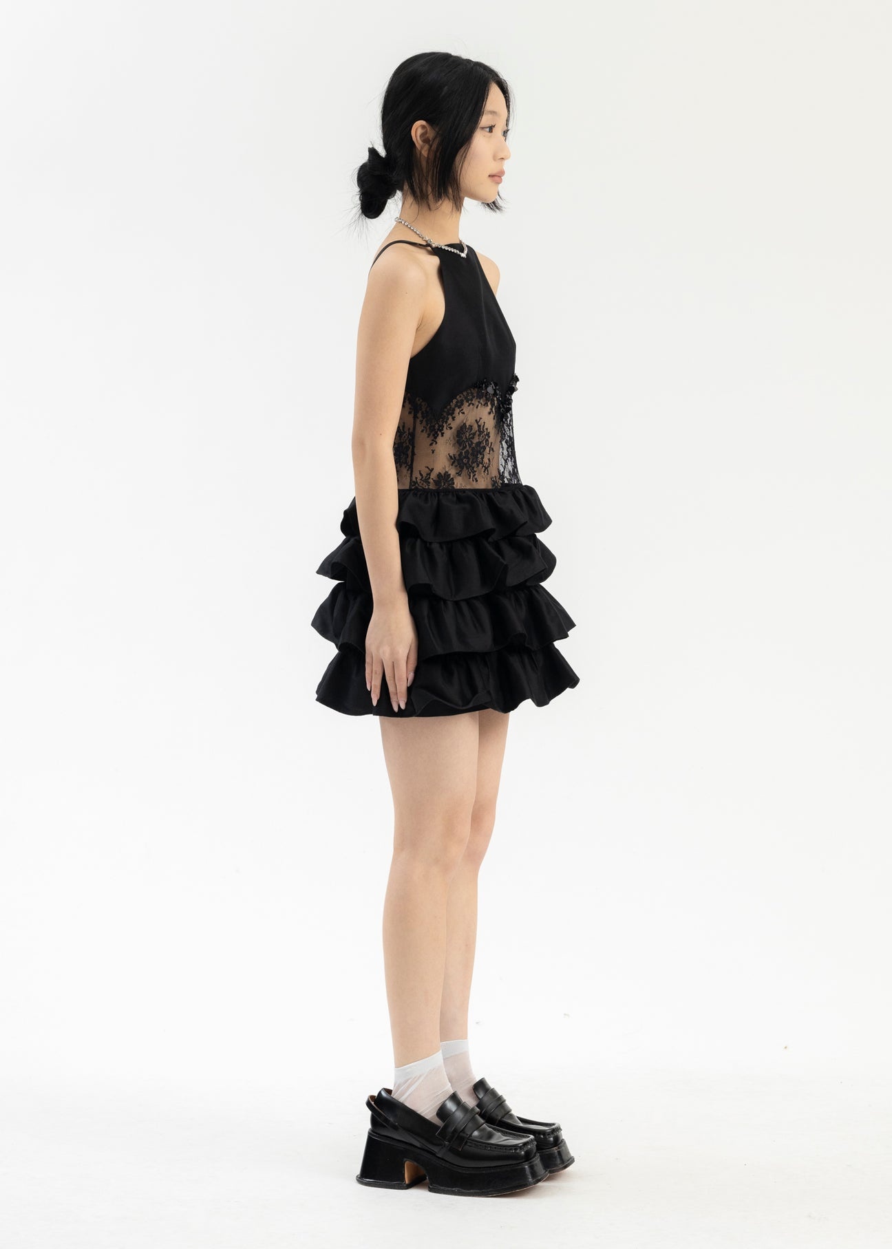 Black Patchwork Multi-Layer Short Dress - 5