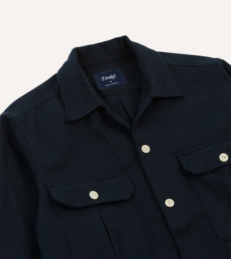 Navy Brushed Cotton Twill Two-Pocket Camp Collar Work Shirt 3