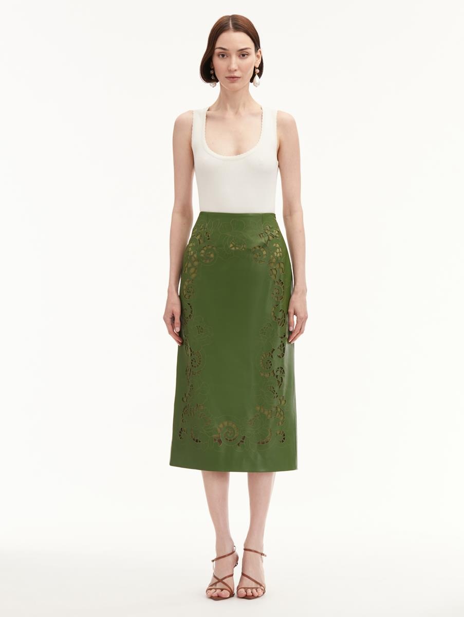 LASER CUT FLORAL LEATHER PENCIL SKIRT - 1