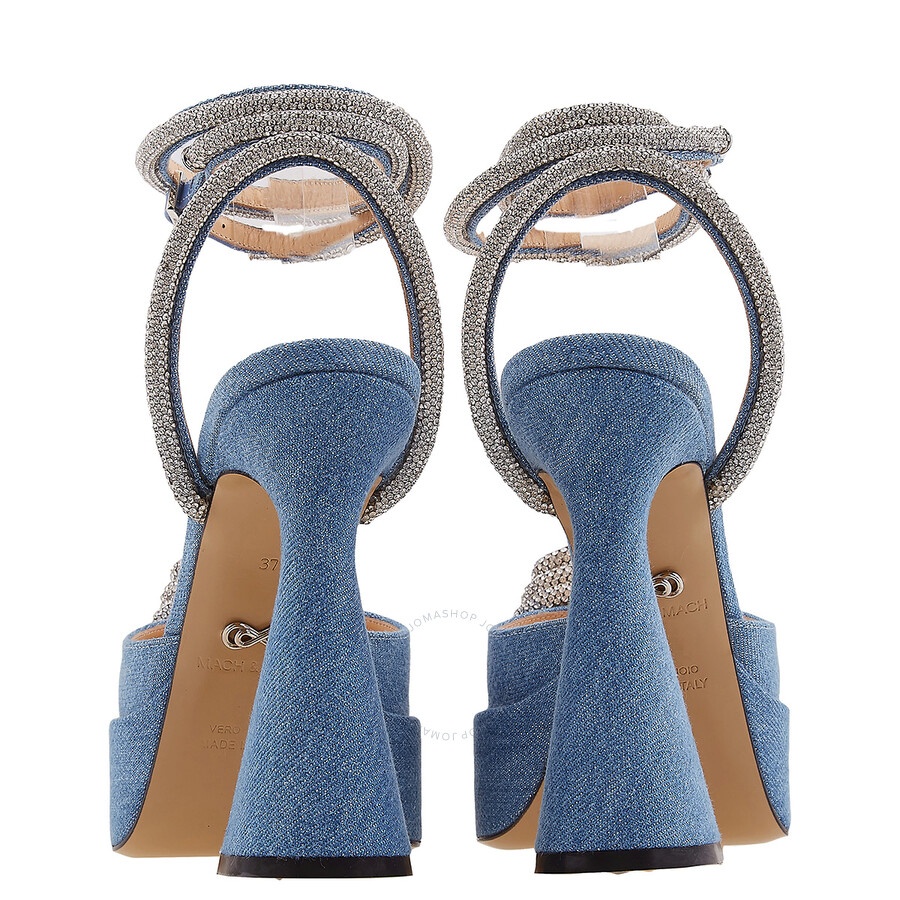 Open Box - Mach & Mach Denim Blue Crystal Triple Heart Platform Pumps, Brand Size 37 ( US Size 7 ) - 4