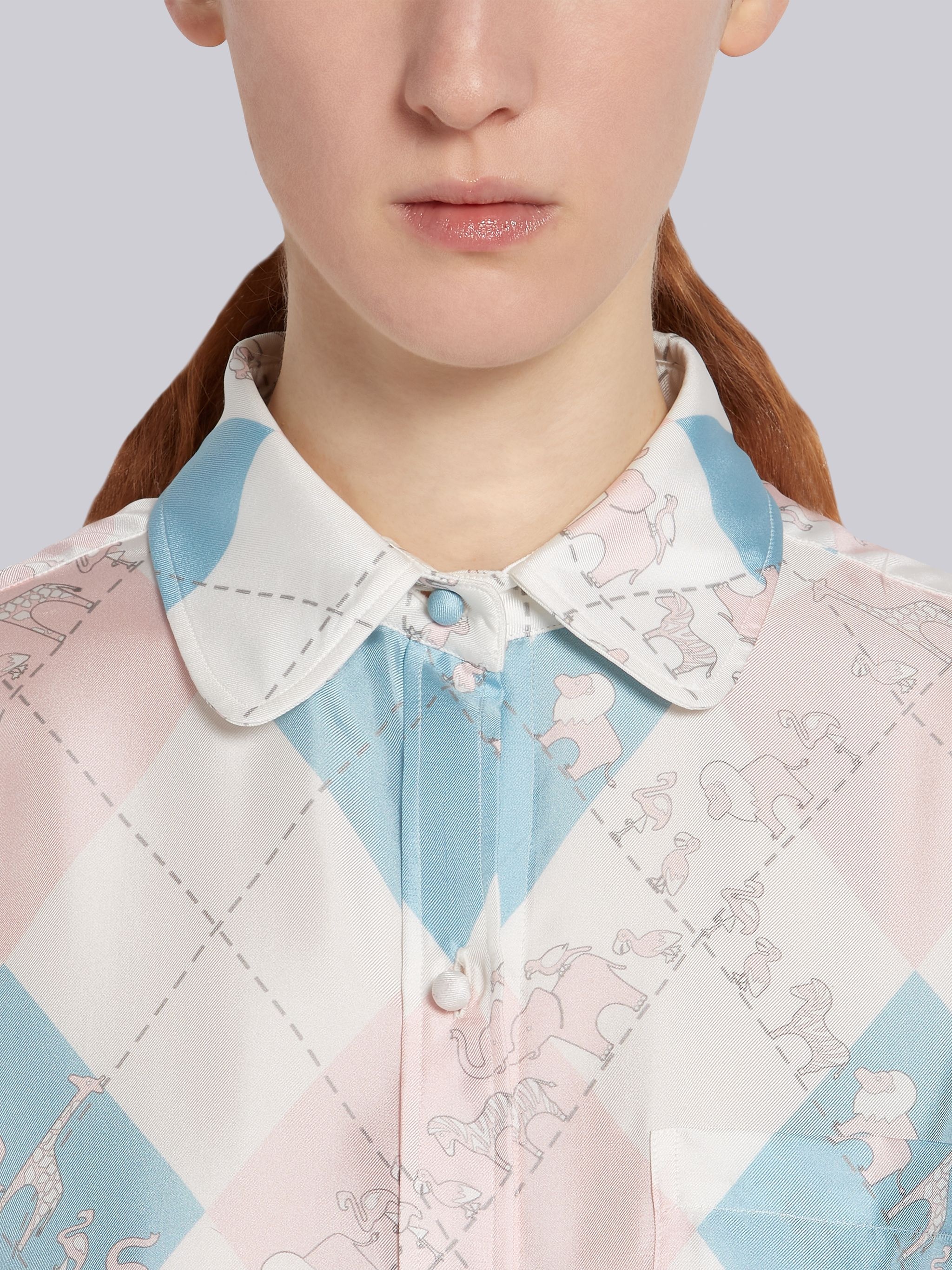 Light Blue and Pink Silk Argyle Print Animal Icon Round Collar Classic Long Sleeve Shirtdress - 4