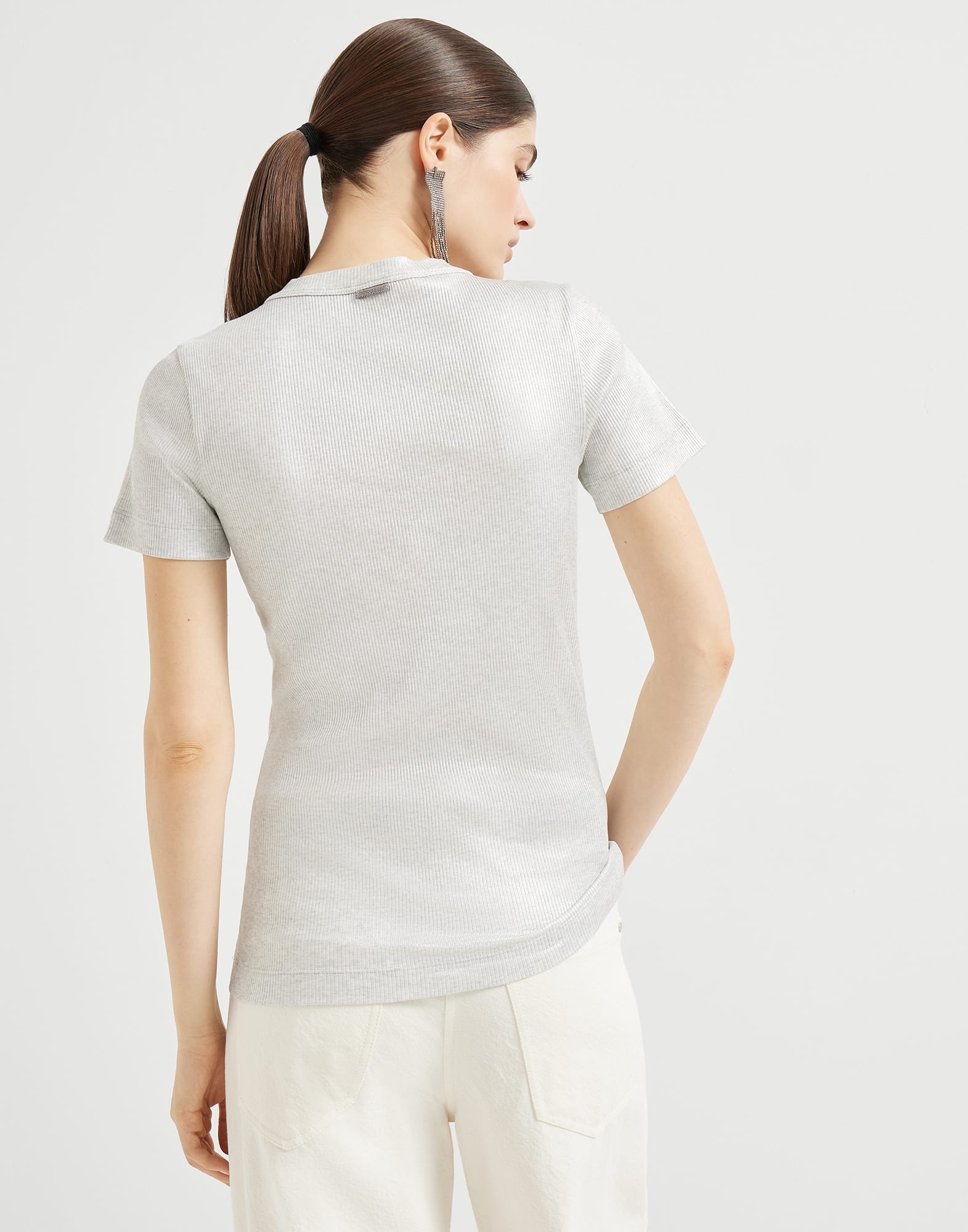 Sparkling stretch cotton ribbed jersey T-shirt with shiny tab - 2