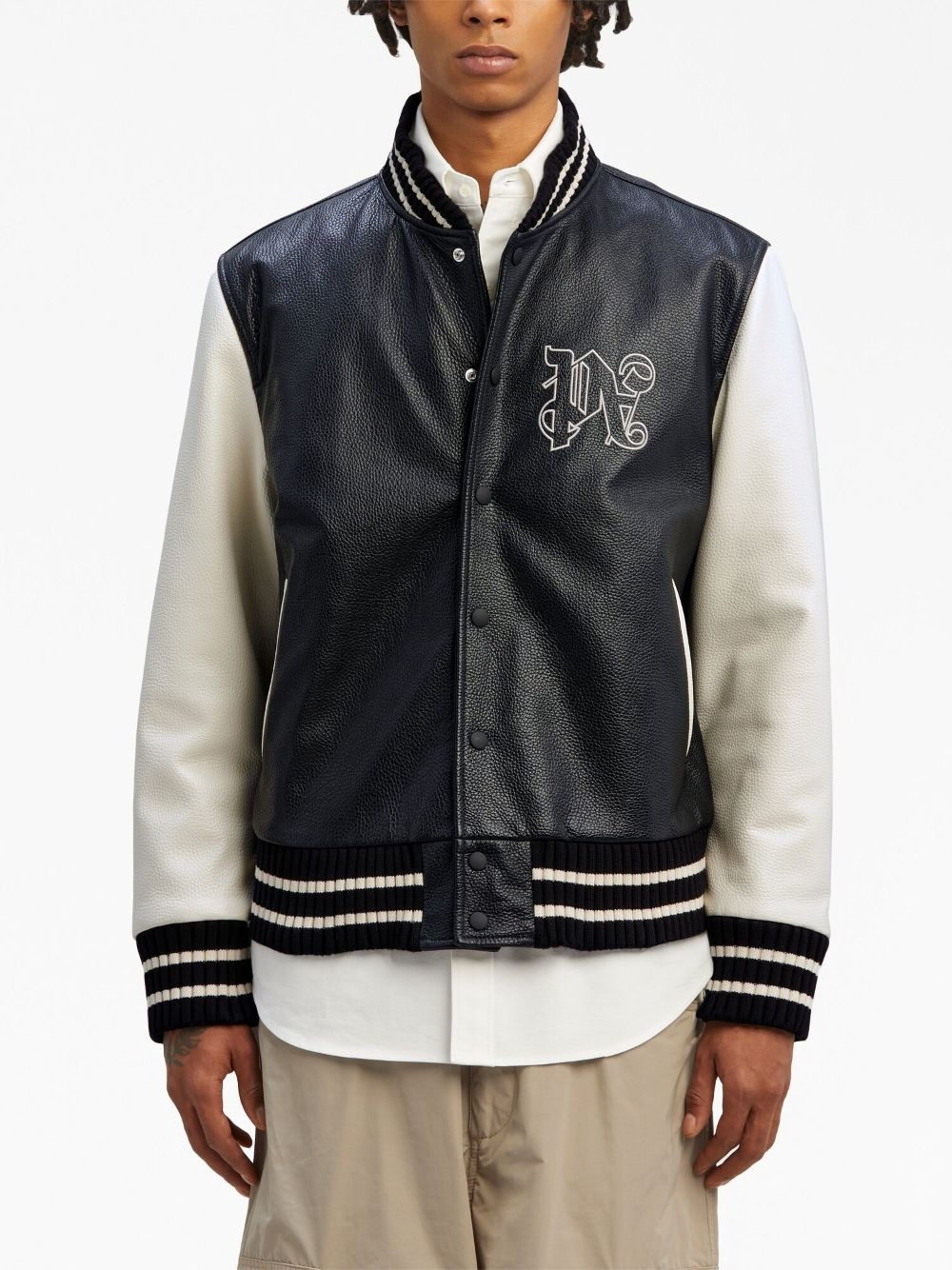monogram-print leather varsity jacket - 3