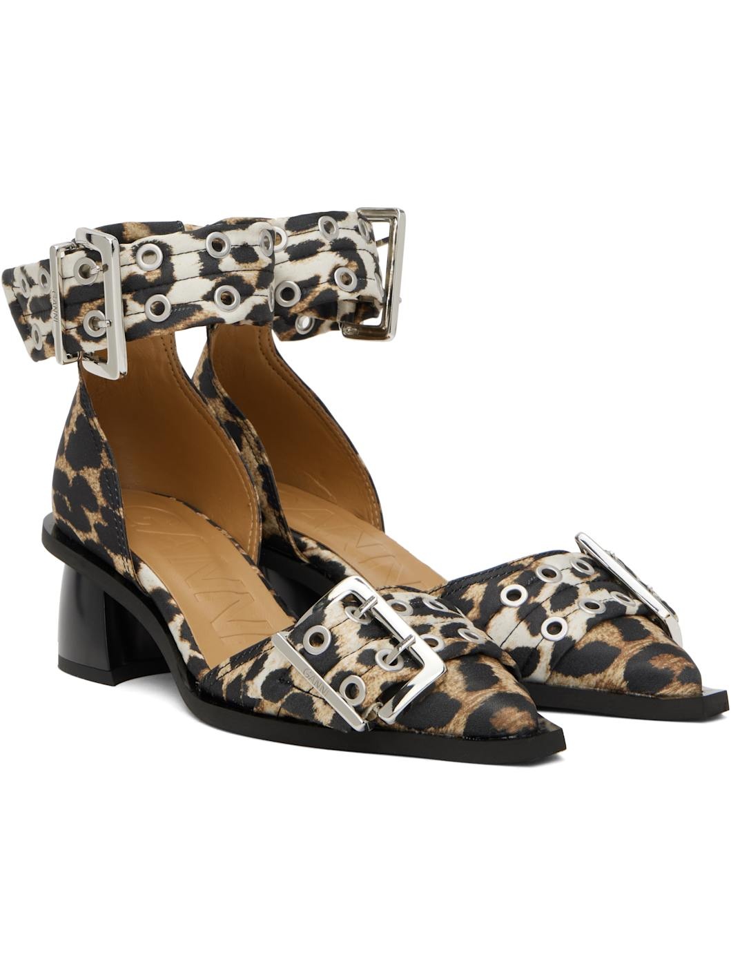 Tan & Black Feminine Buckle Open Cut Heels - 4