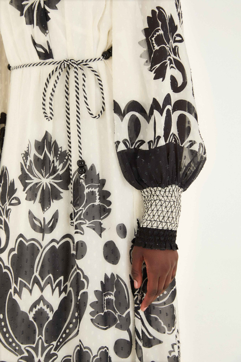 Cream Floral Arabesque Rope Belt Maxi Dress 5