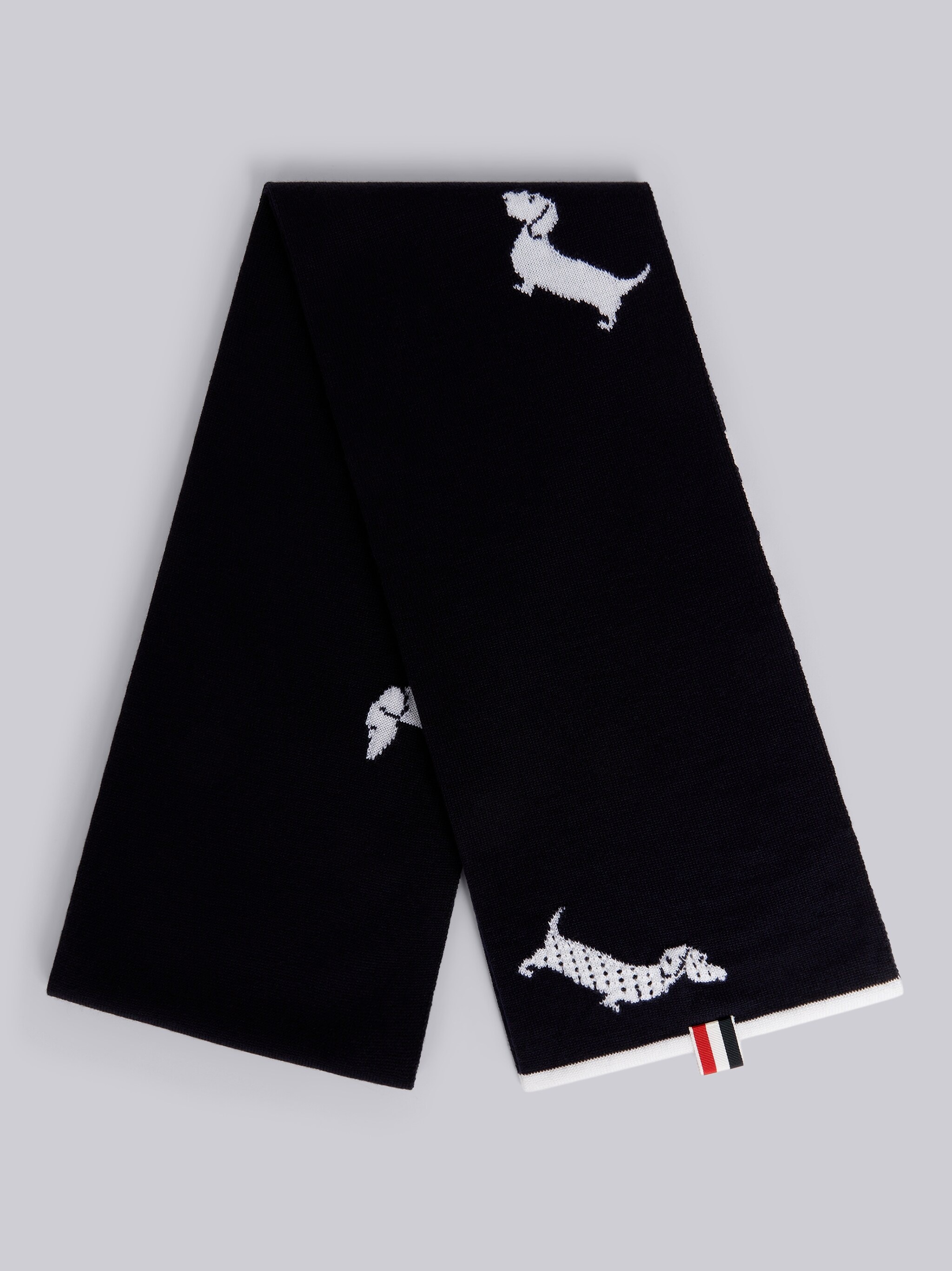 Navy Extrafine Merino Hector Icon Half Drop Intarsia 4-Bar Stripe Scarf - 3